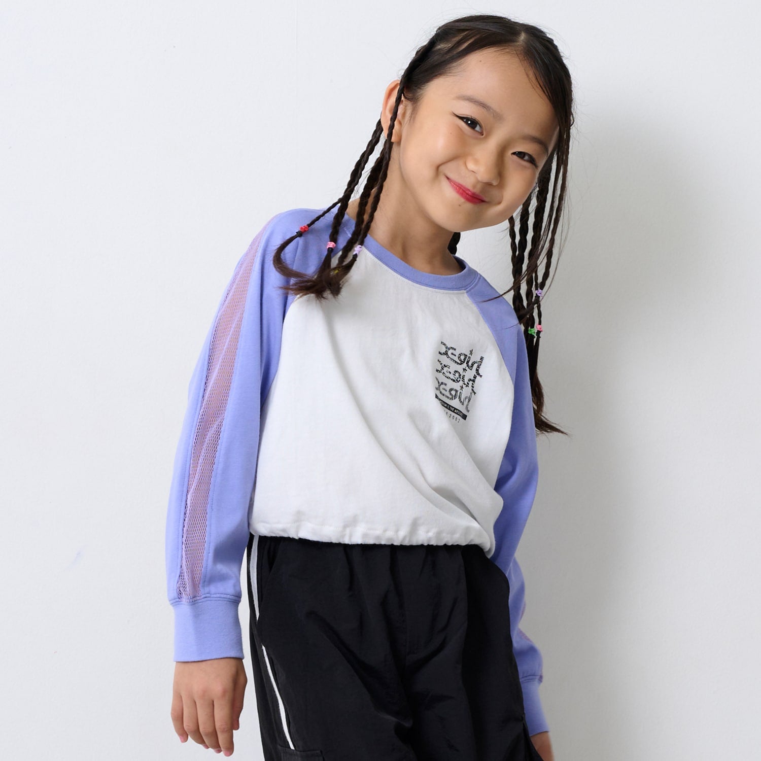 メッシュ肩ラインショート丈長袖Tシャツ