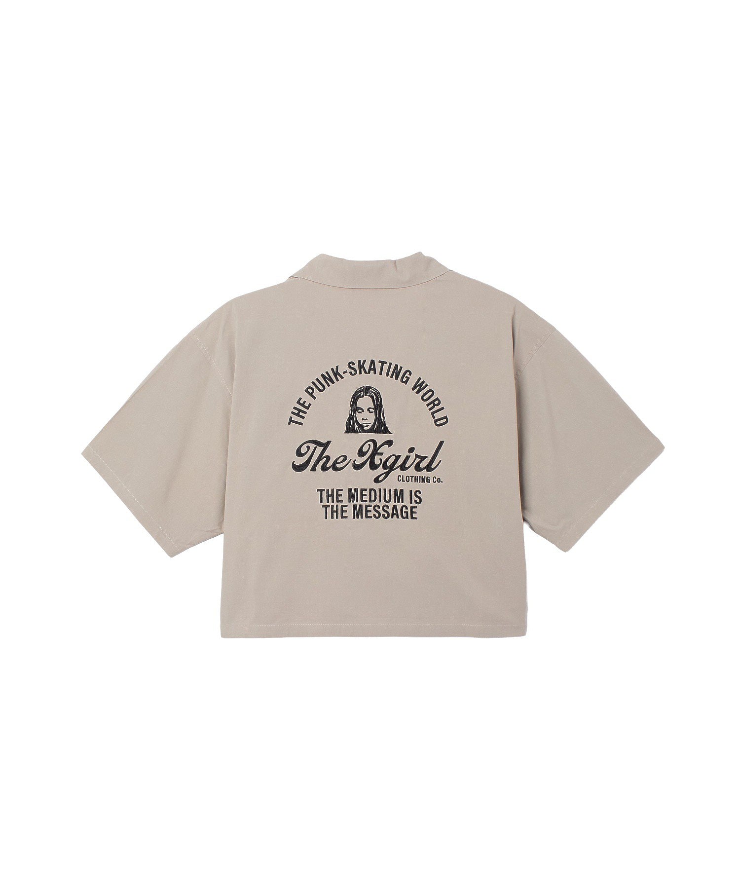 ARCH LOGO AND FACE OPEN COLLAR CROPPED SHIRT