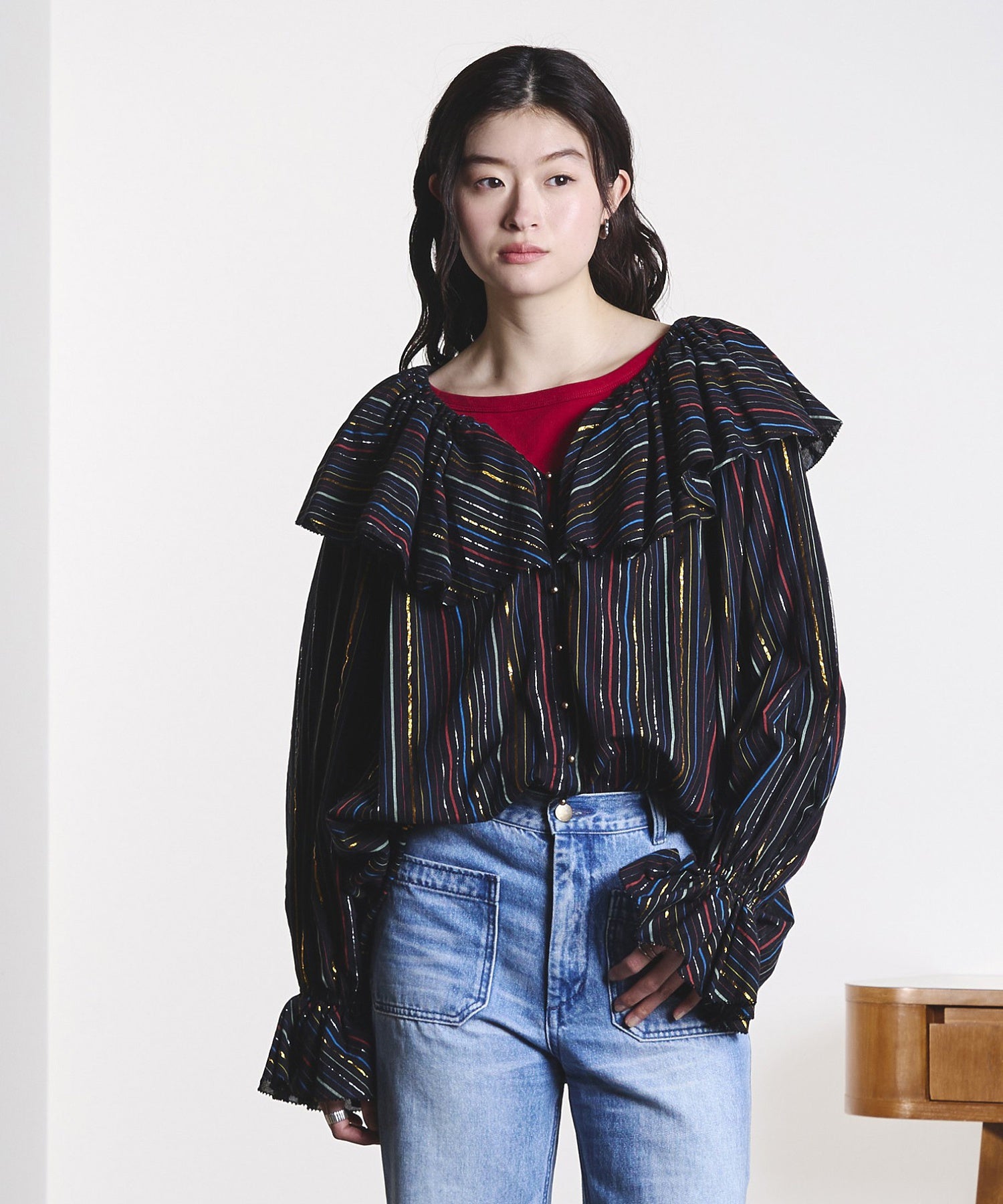 mag.by c/STRIPE FRILL COLLAR BLOUSE