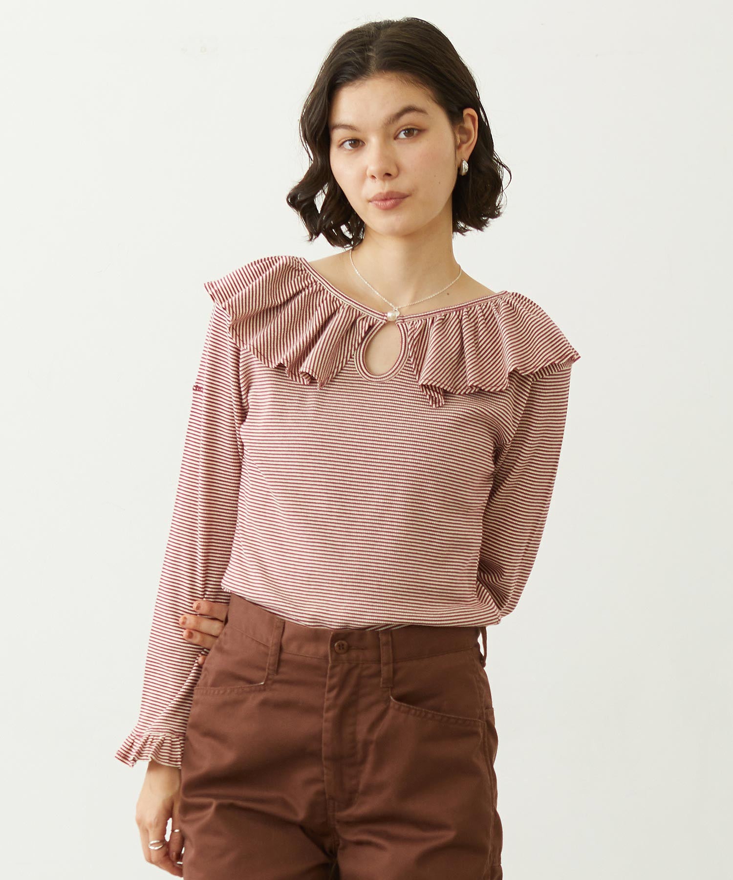 2WAY RUFFLE COLLAR STRIPED L/S TOP