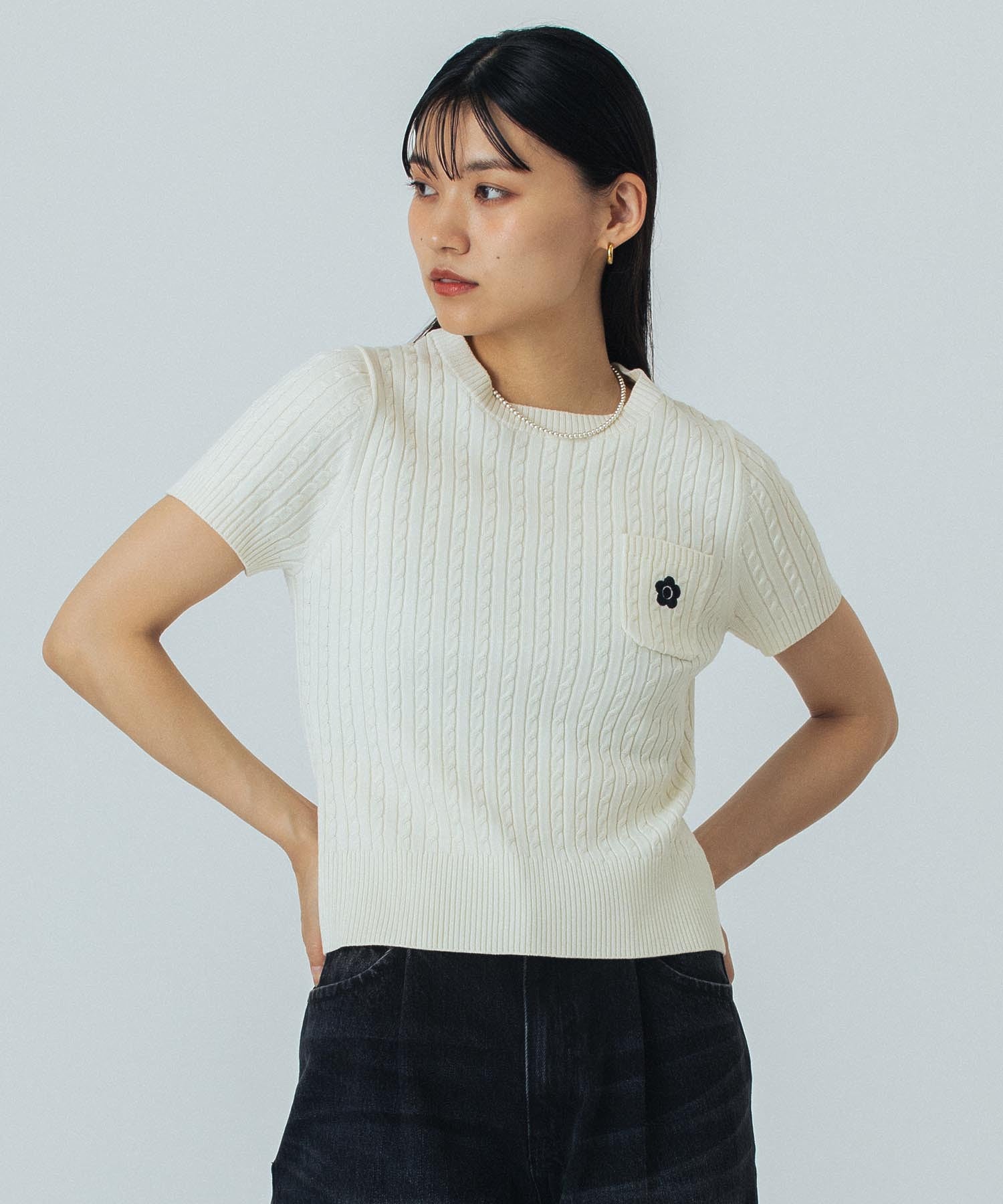 【レッドROSE BUD別注カラー】MARY QUANT/CABLE HALF SLEEVE KNIT