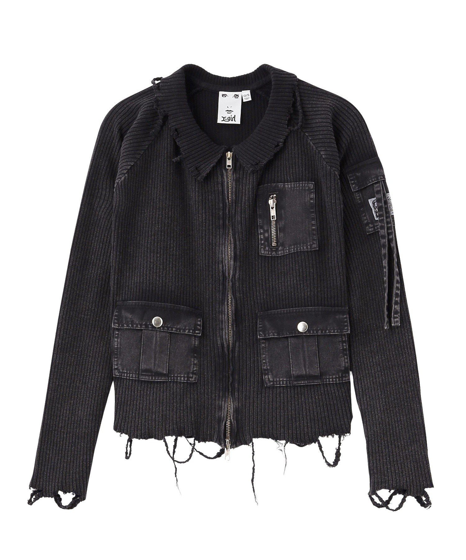 DISTRESSED WOVEN MIX ZIP UP TOP