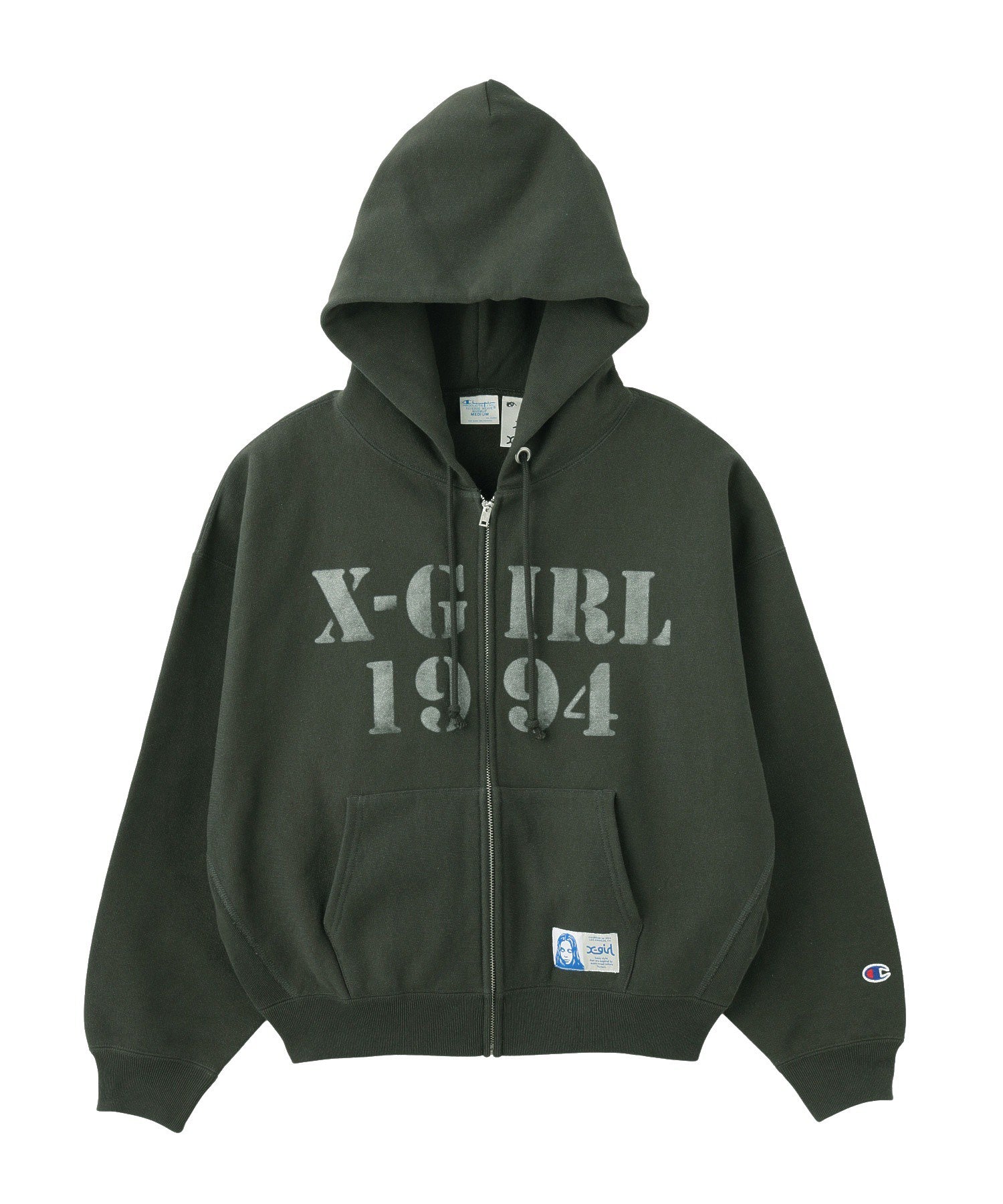 X-girl × Champion REVERSE WEAVE STENCIL LOGO ZIP UP HOODIE
