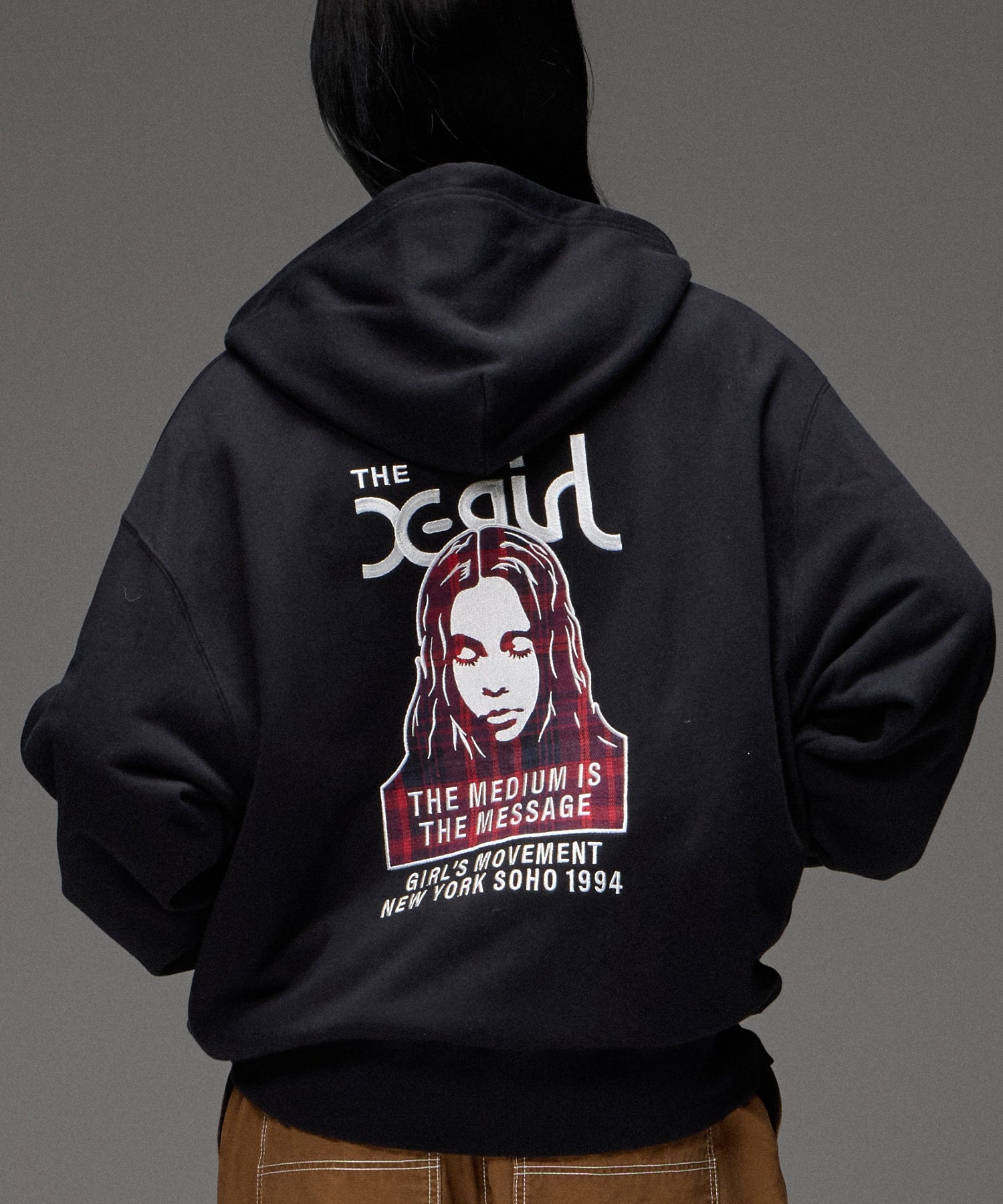 PLAID PATTERN FACE PATCH ZIP UP SWEAT HOODIE