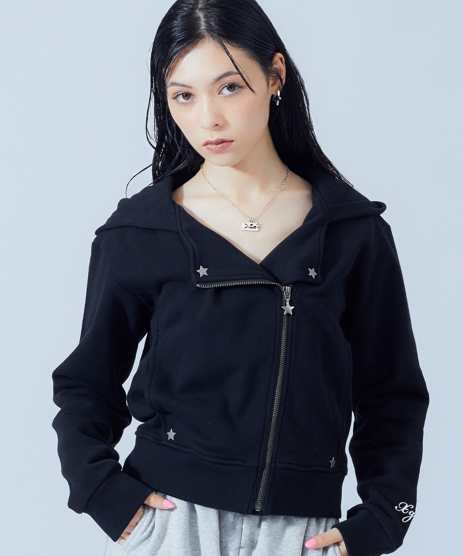 DOUBLE COLLAR ZIP UP SWEAT HOODIE