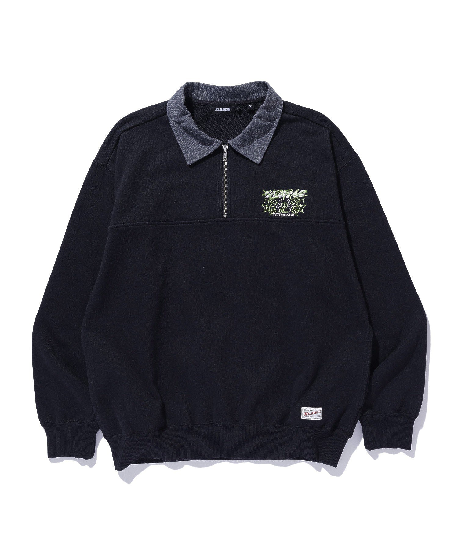 DENIM COLLAR HALF ZIP SWEATSHIRT