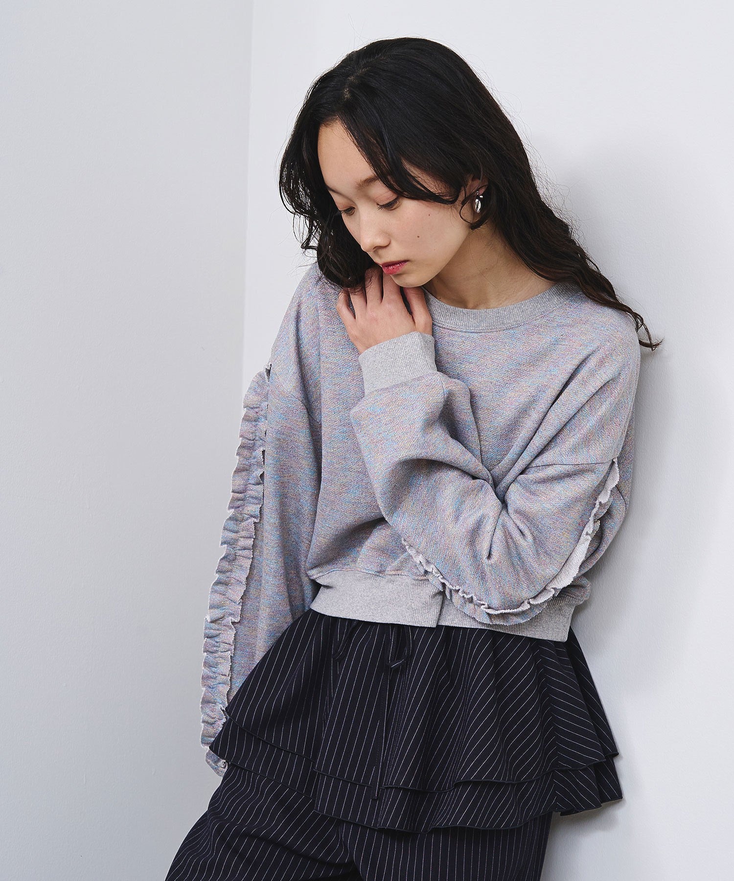 LAME RUFFLE SLEEVE SWEAT