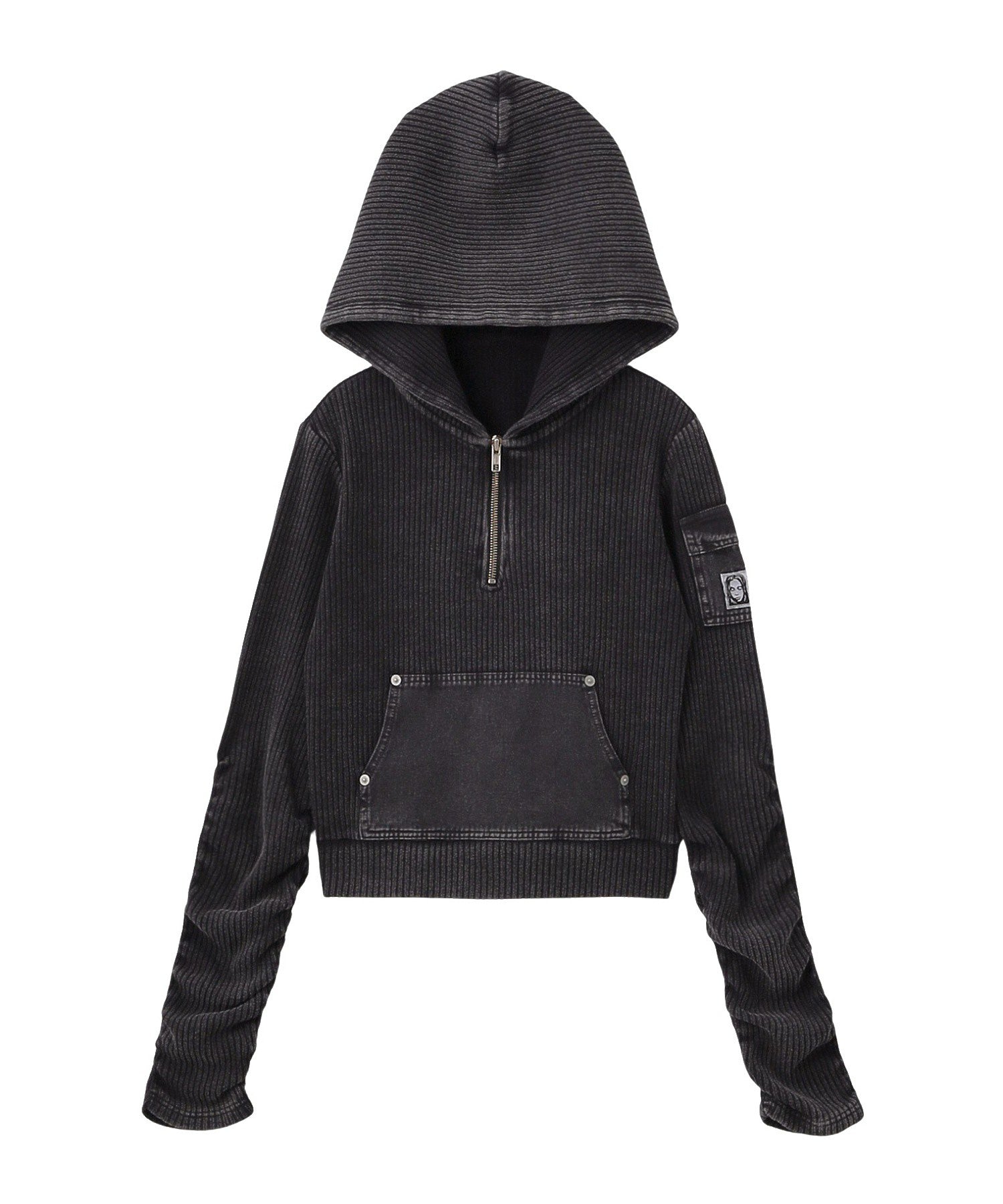 FADED WOVEN MIX HALF ZIP HOODED TOP