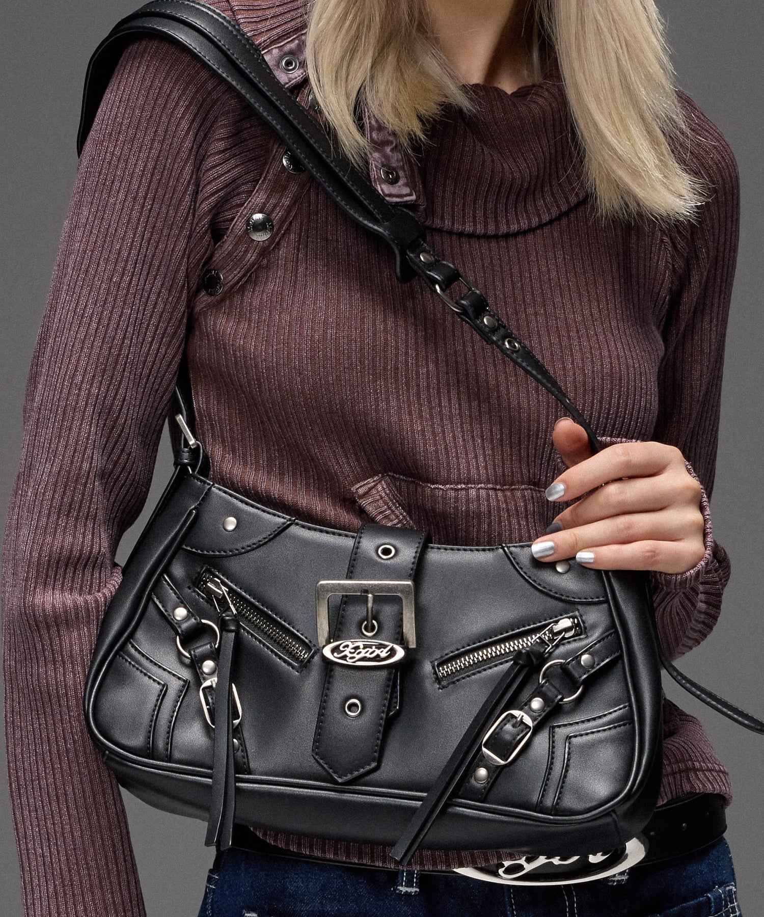 ZIP AND BELT FAUX LEATHER BAG