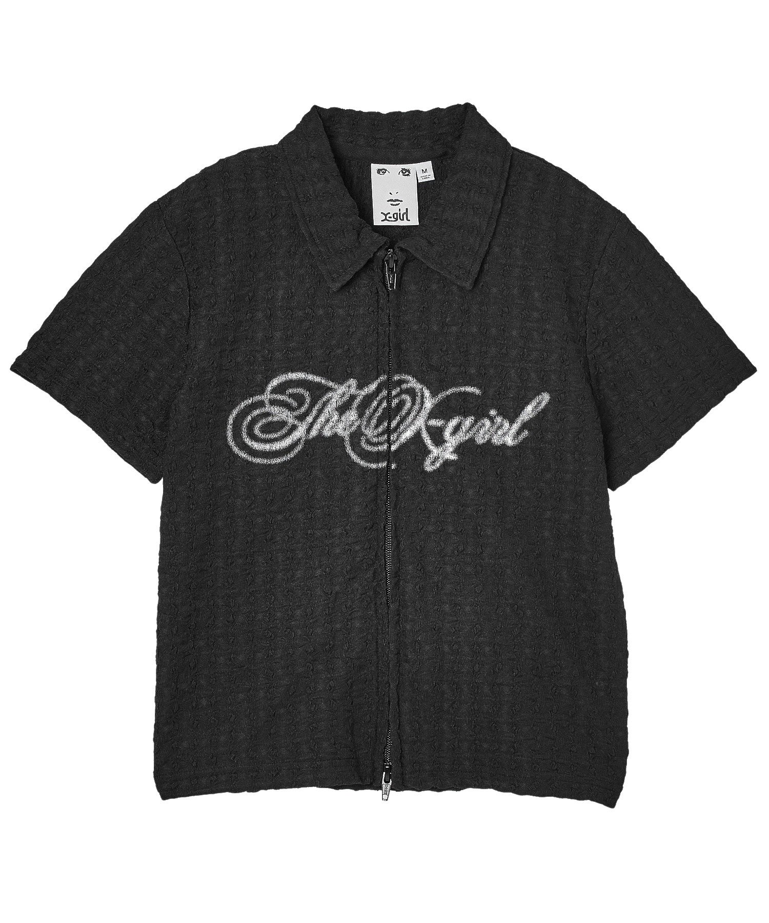SCRIPT LOGO SHIRRED S/S ZIP UP TOP