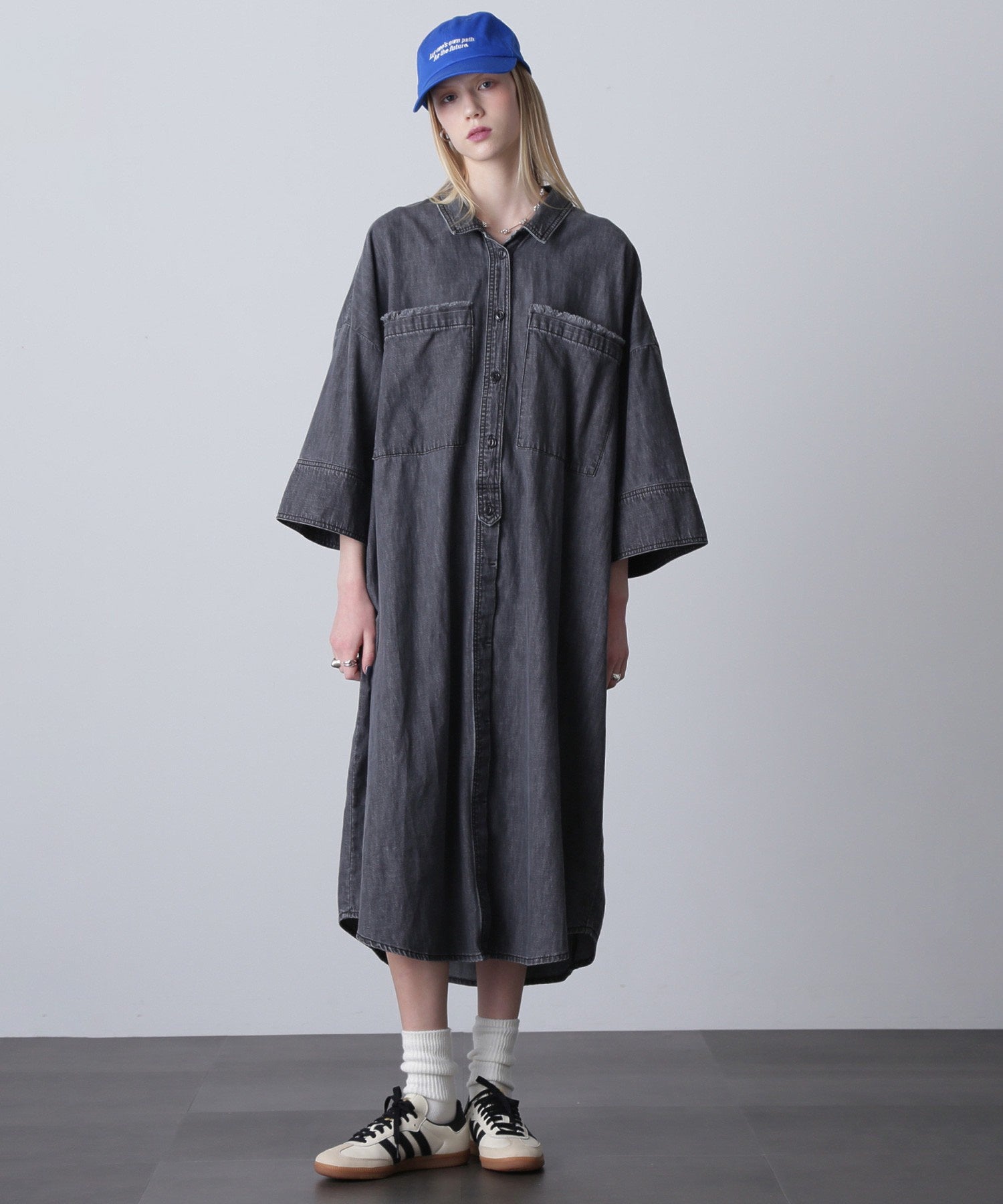 GENE HEAVENS/FRINGE POCKET DENIM SHIRT DRESS