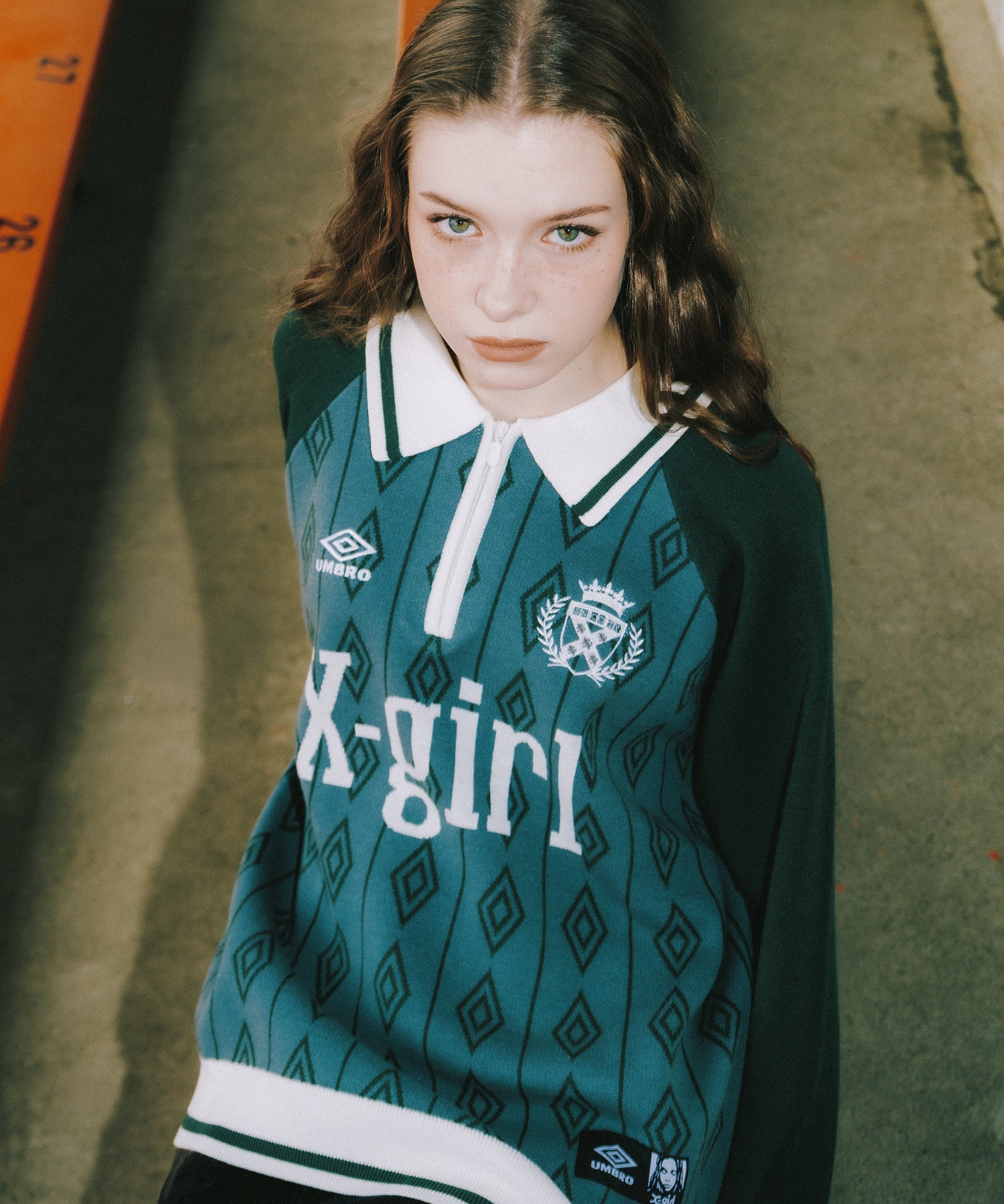 X-girl x UMBRO HALF ZIP JACQUARD KNIT TOP