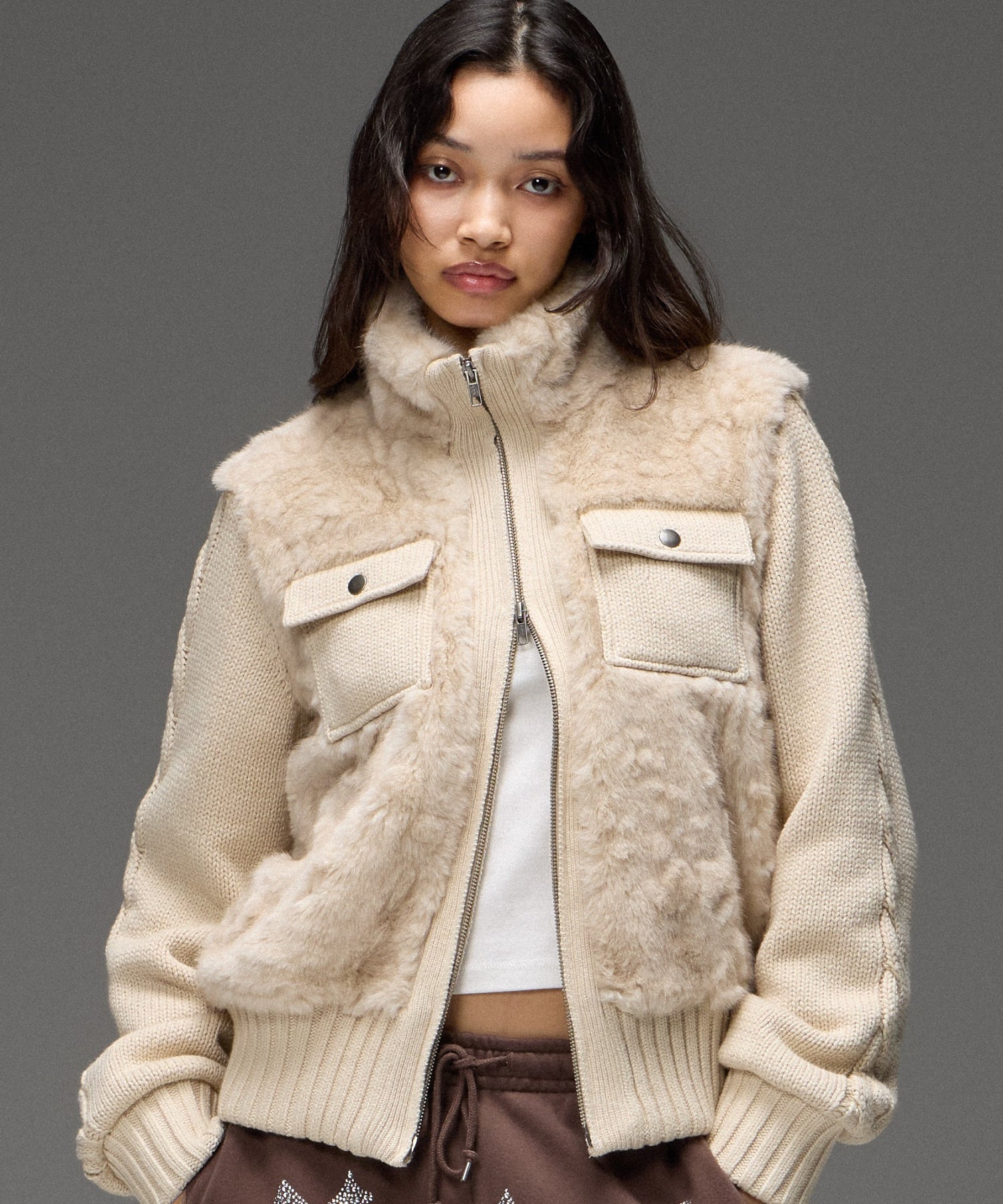 FAUX FUR AND KNIT JACKET