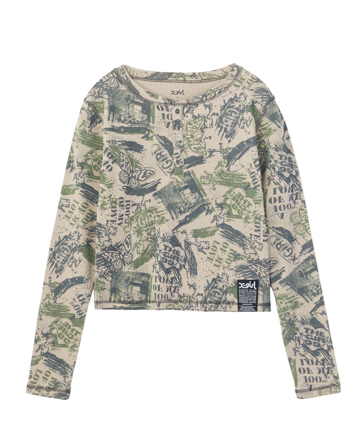 BRUSHED COLLAGE GRAPHIC HENLEY NECK L/S COMPACT TOP
