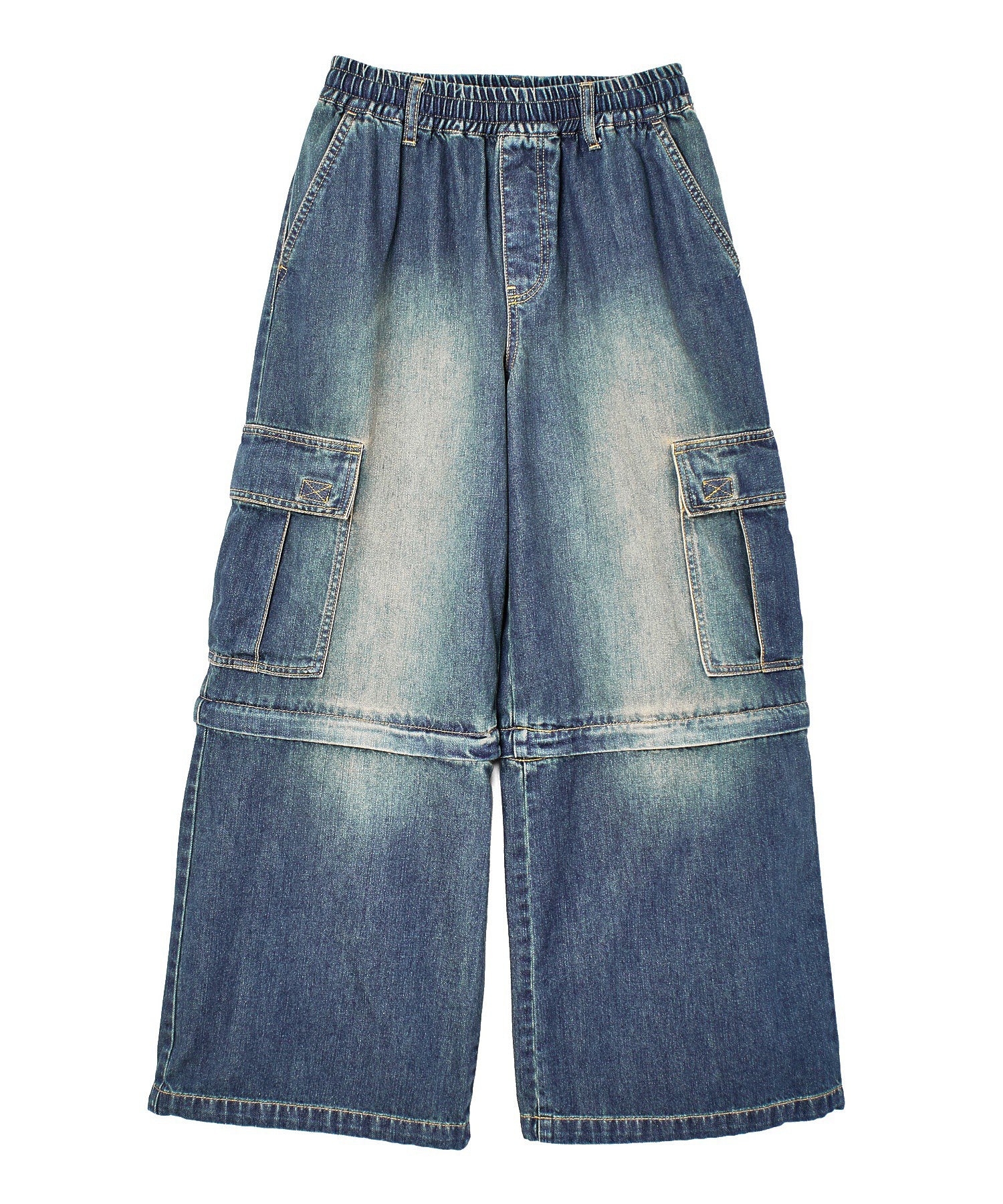 FADED 2WAY WIDE LEG DENIM CARGO PANTS