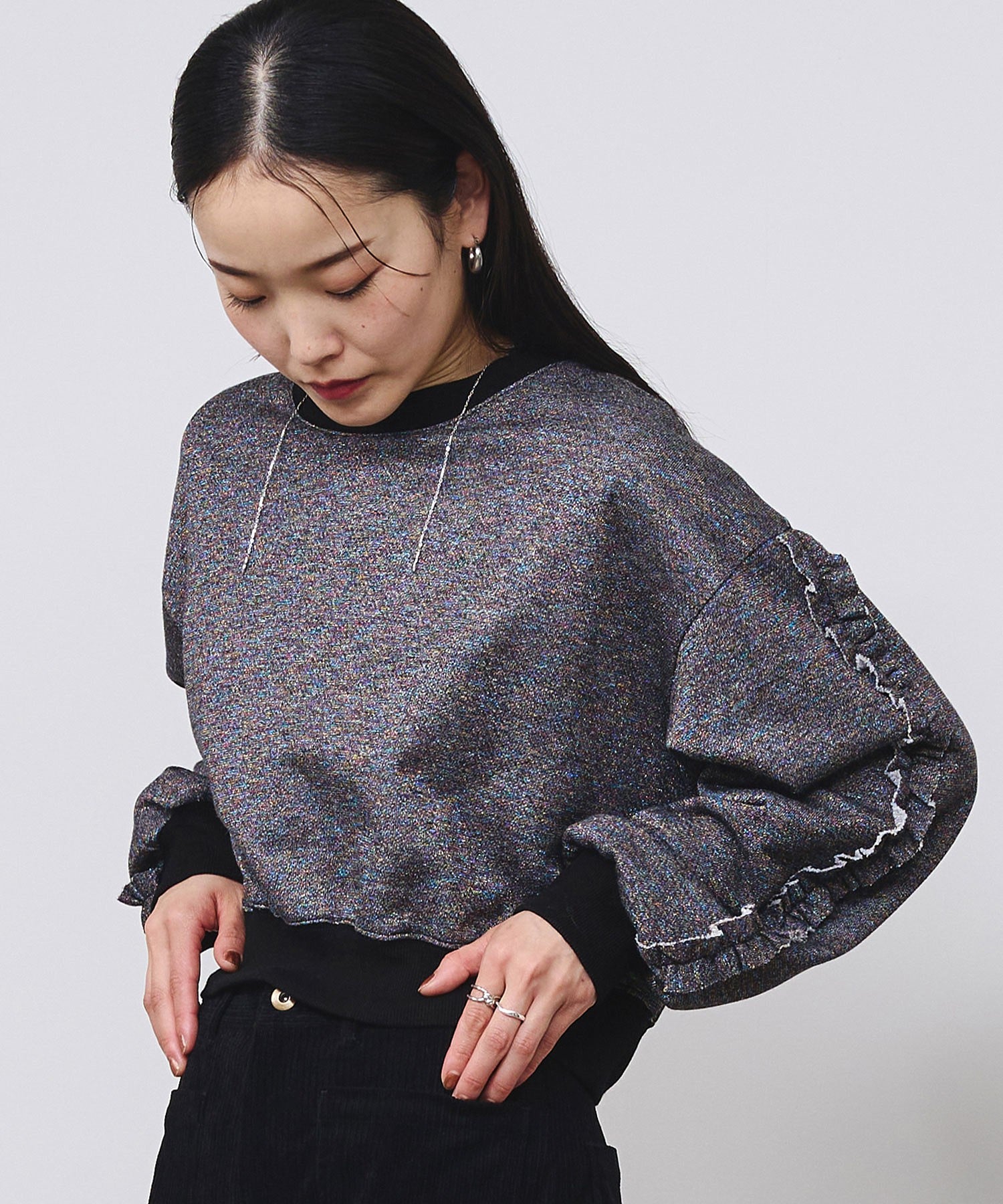 LAME RUFFLE SLEEVE SWEAT