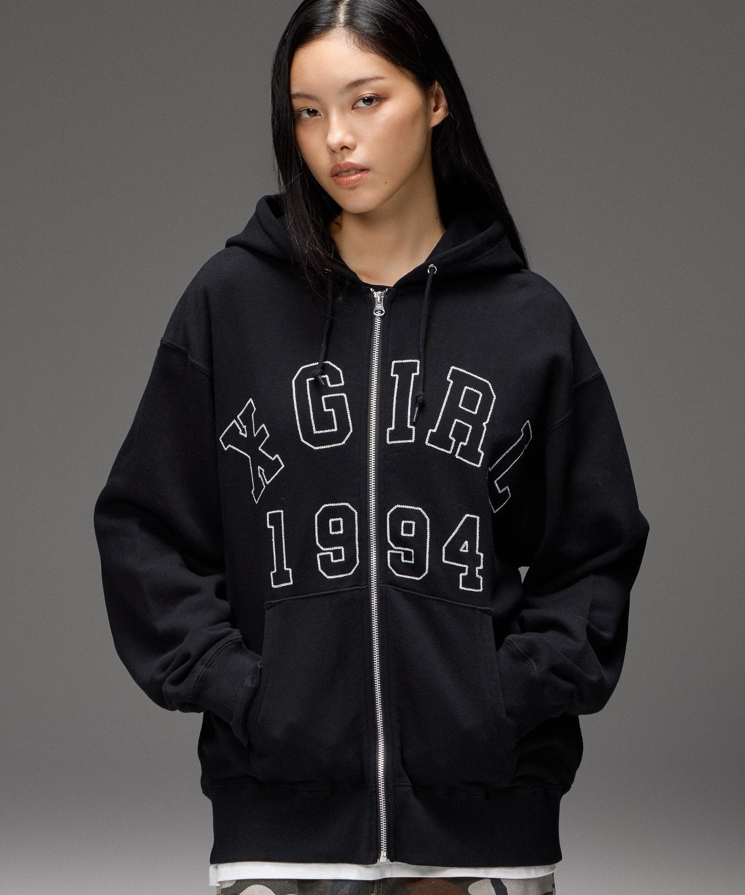 LOGO PATCH AND STITCH ZIP UP SWEAT HOODIE