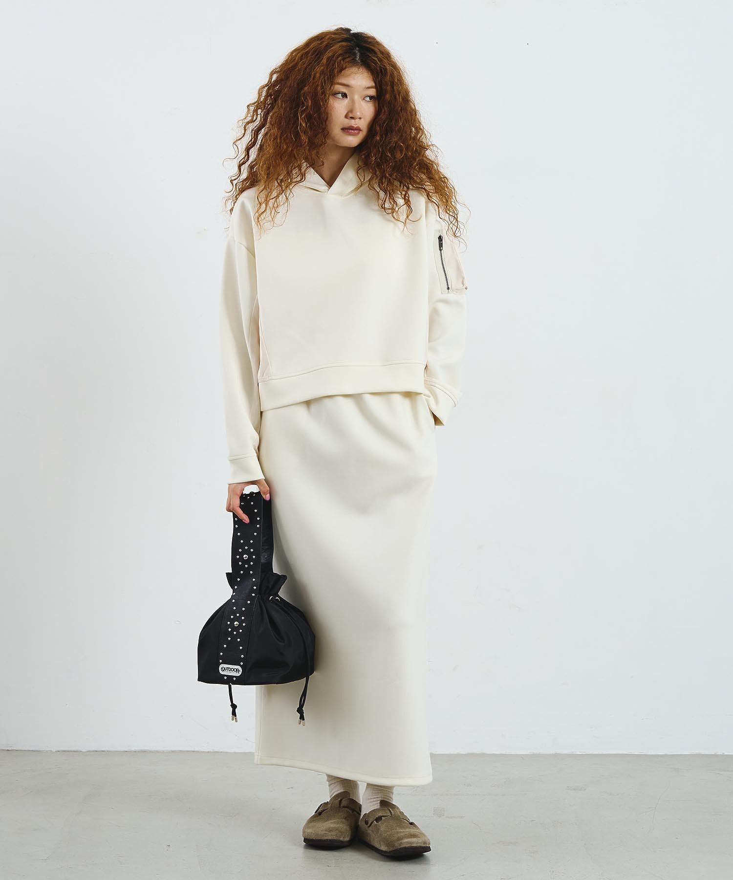 MIXED FABRIC HOODIE AND SKIRT SET