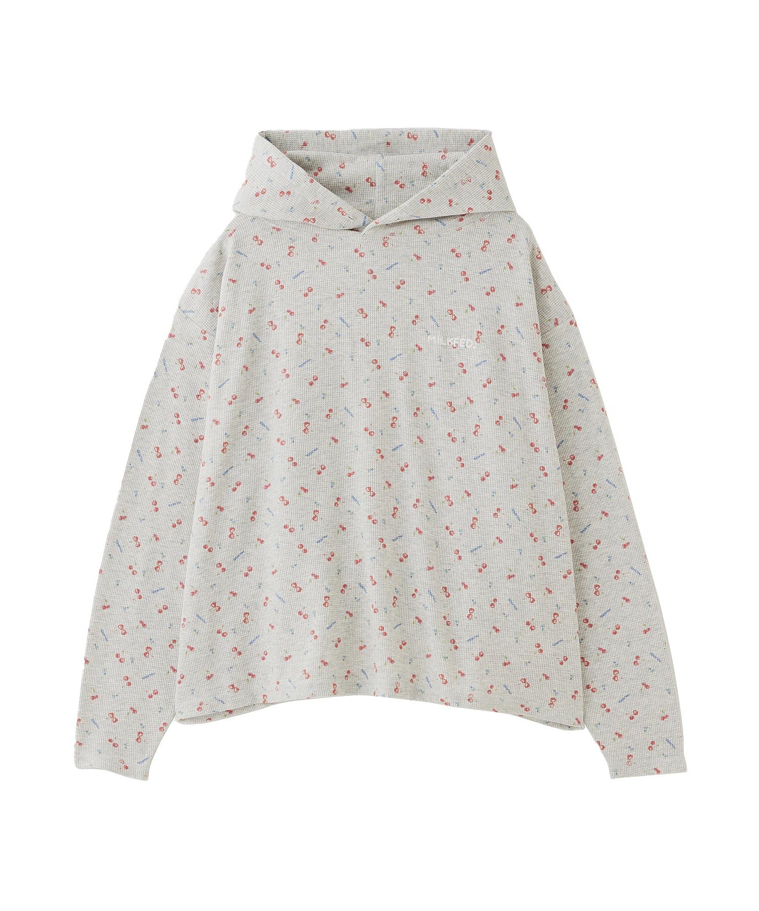 CHERRY PATTERN WAFFLE HOODIE TOP