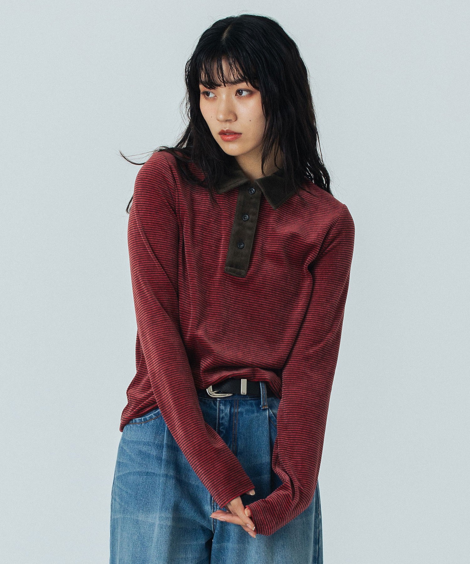 mici/POLO COLLAR STRIPE TOP