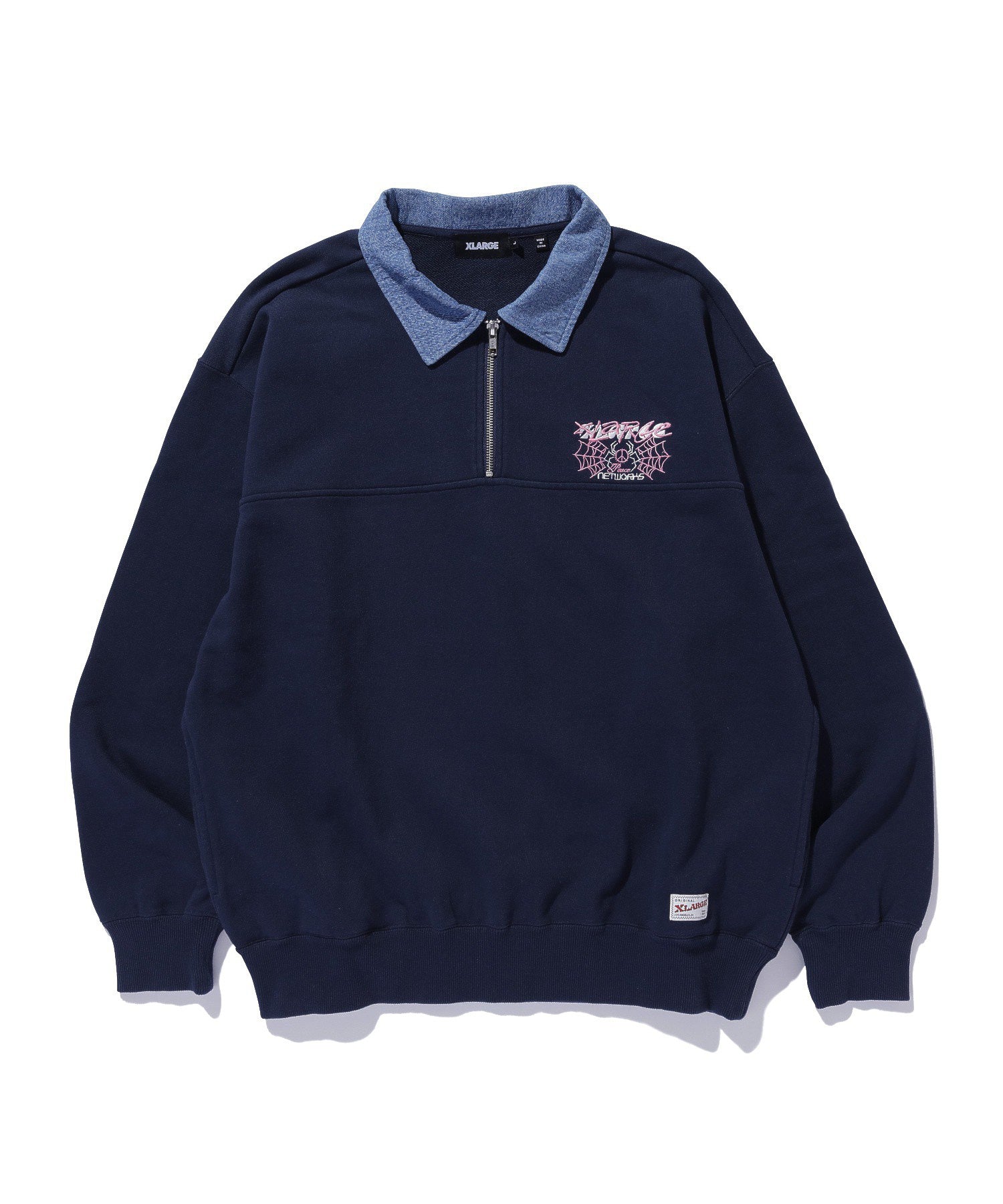 DENIM COLLAR HALF ZIP SWEATSHIRT