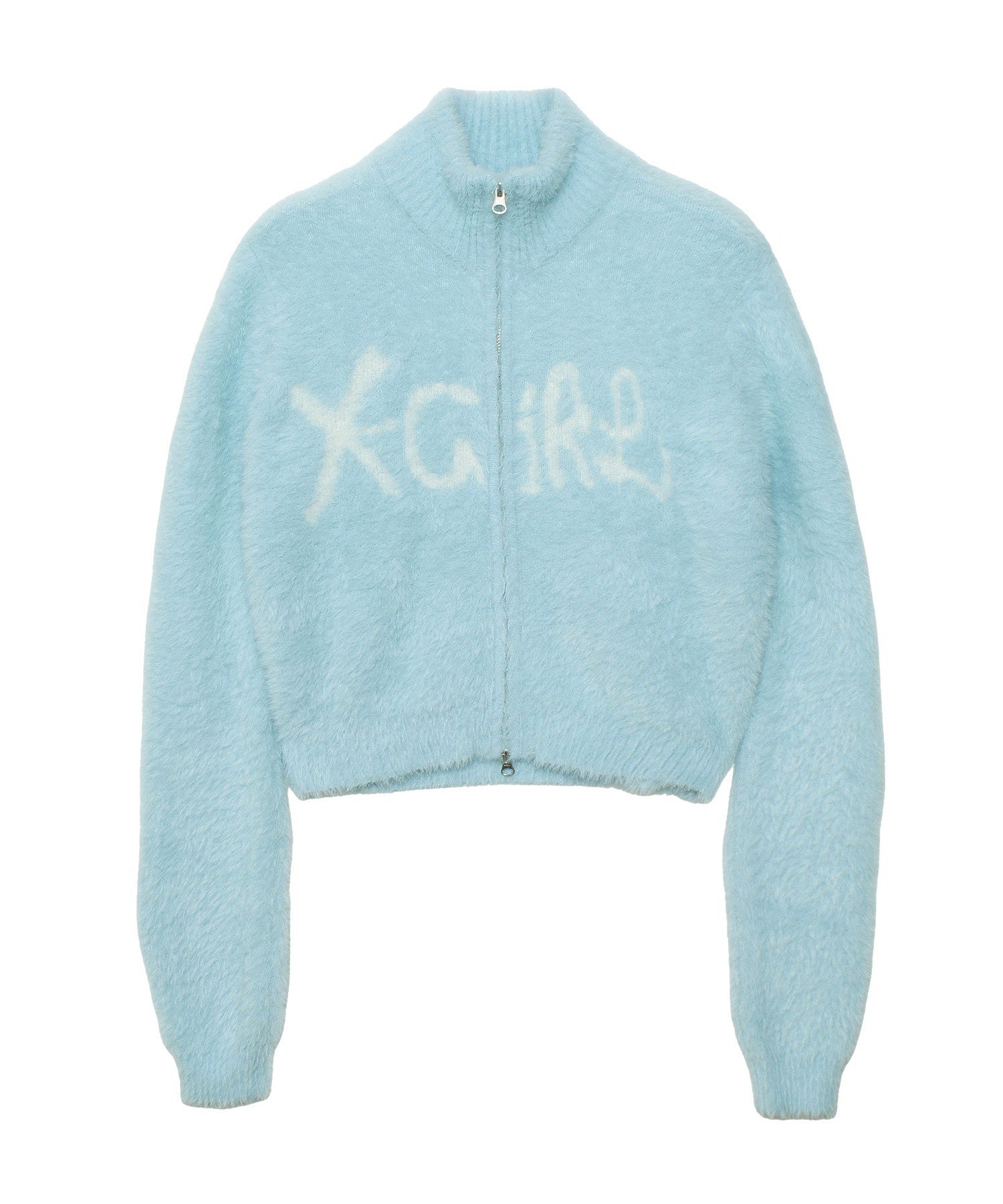 LOGO JACQUARD ZIP UP SHAGGY KNIT TOP