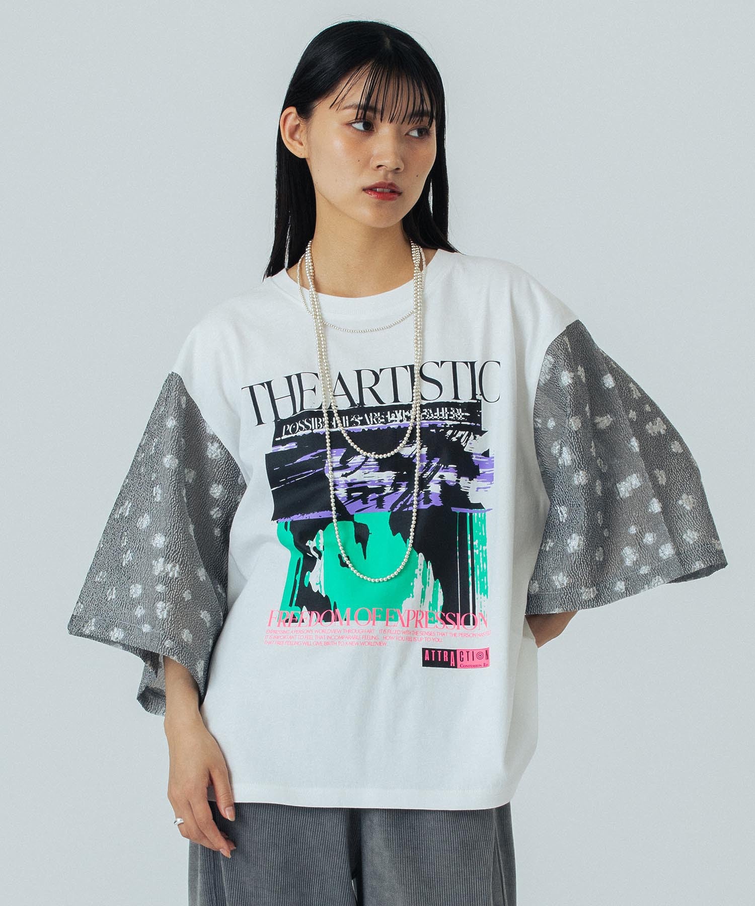 OKIRAKU×ROSEBUD/FLOWER SLEEVE GRAPHIC TOP