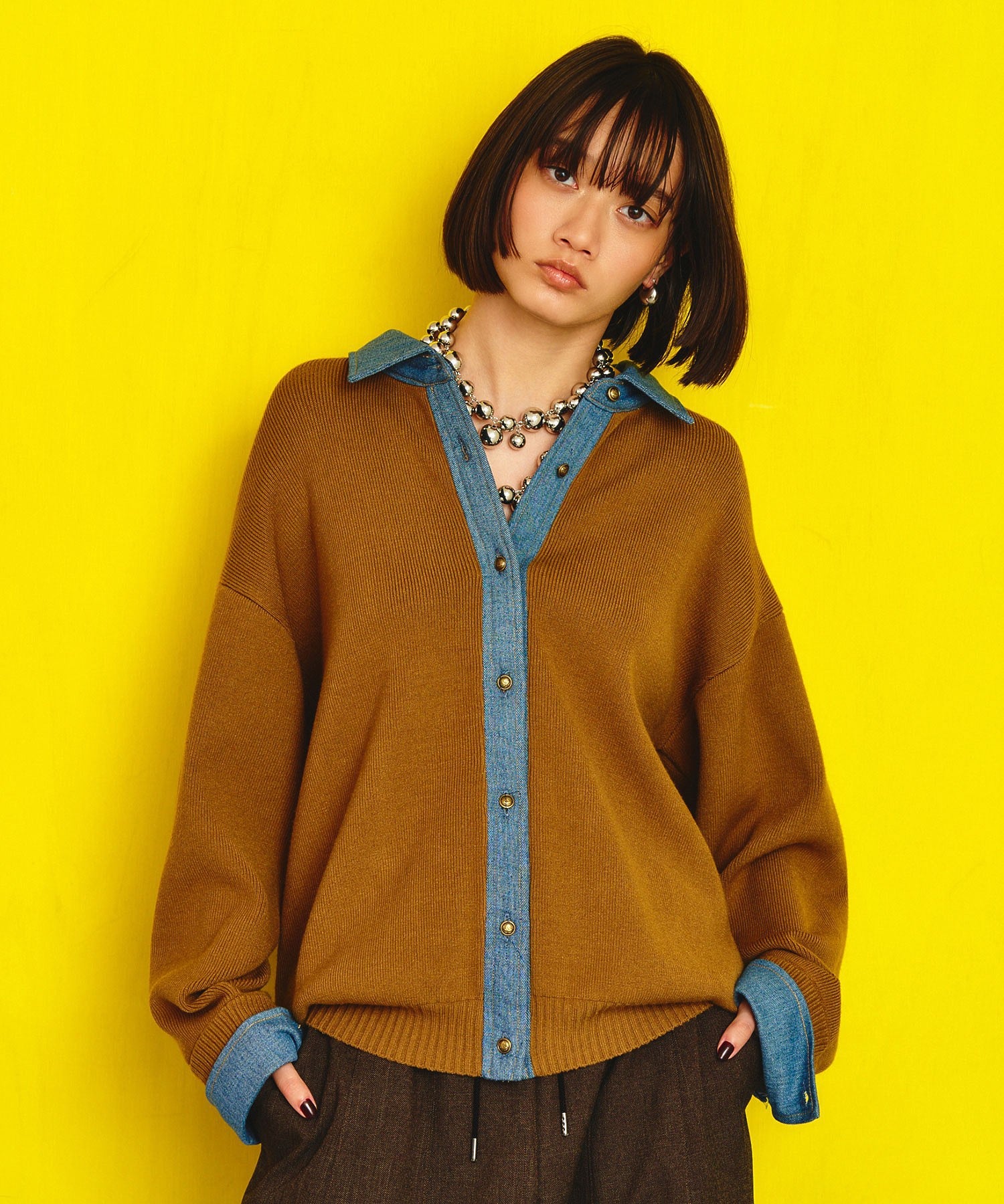 GENE HEAVENS/KNIT x DENIM CARDIGAN