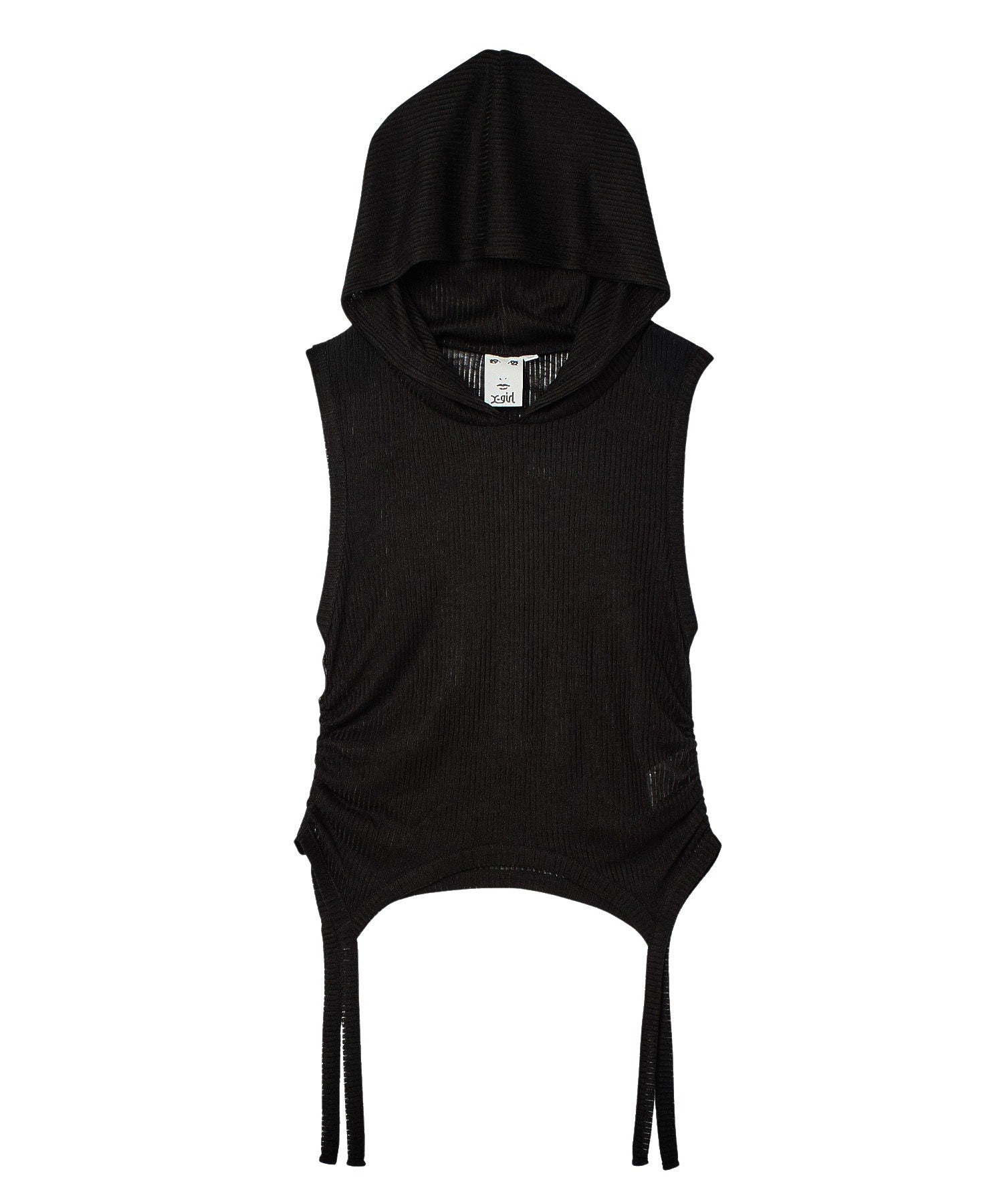 SHEER SLEEVELESS RIBBED HOODED TOP