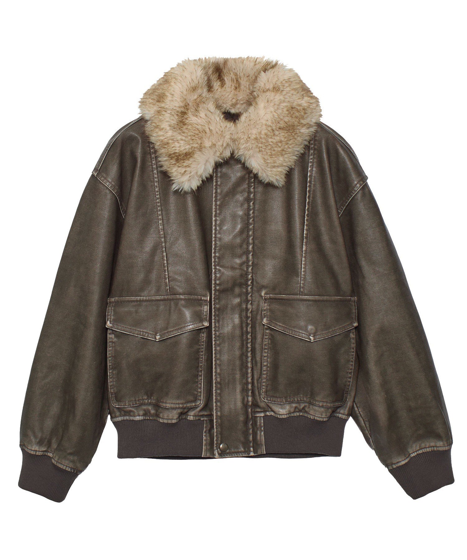 EMBOSSED LOGO PATCH DISTRESSED FAUX LEATHER JACKET