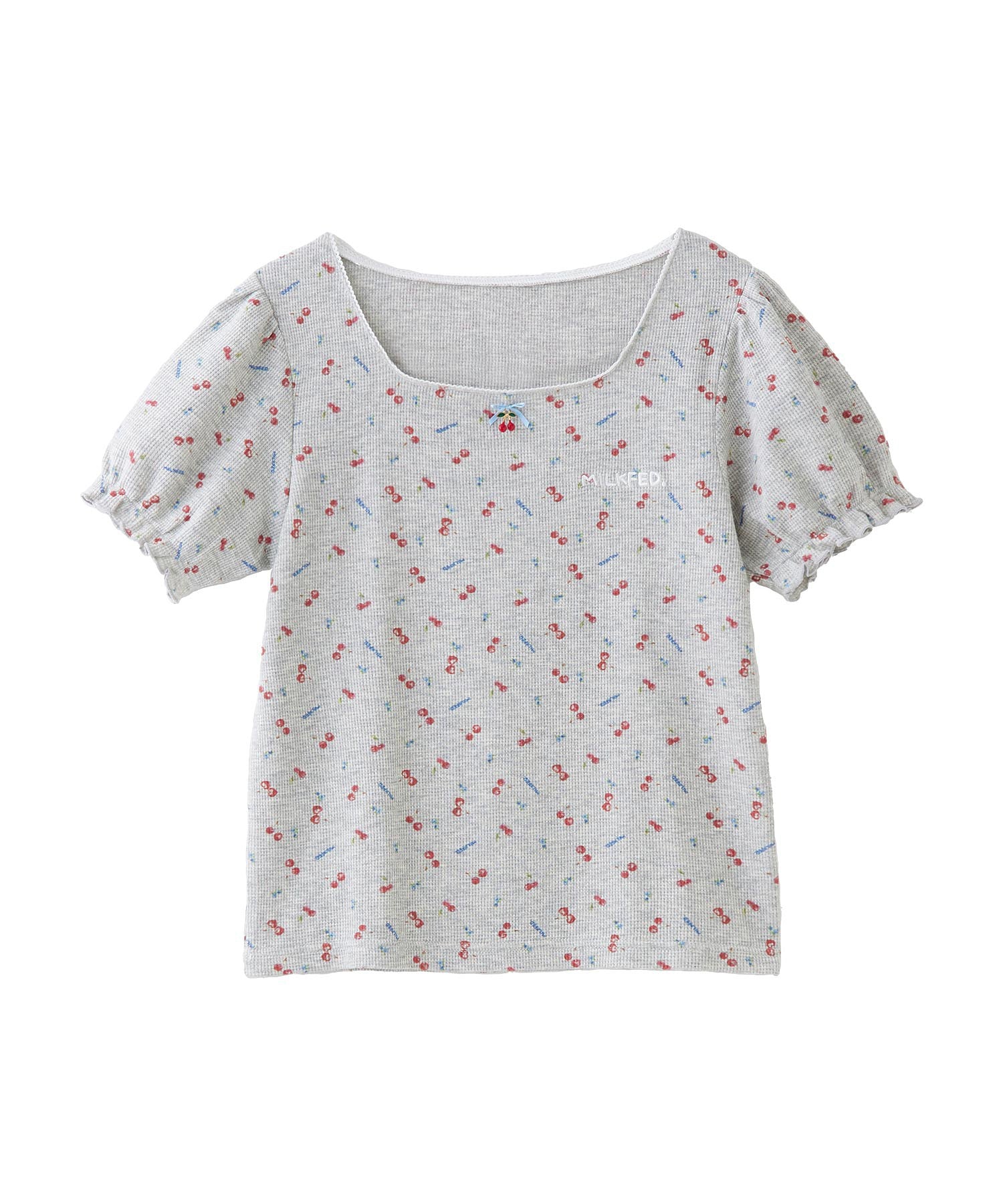 CHERRY PATTERN WAFFLE PUFF SLEEVES TOP