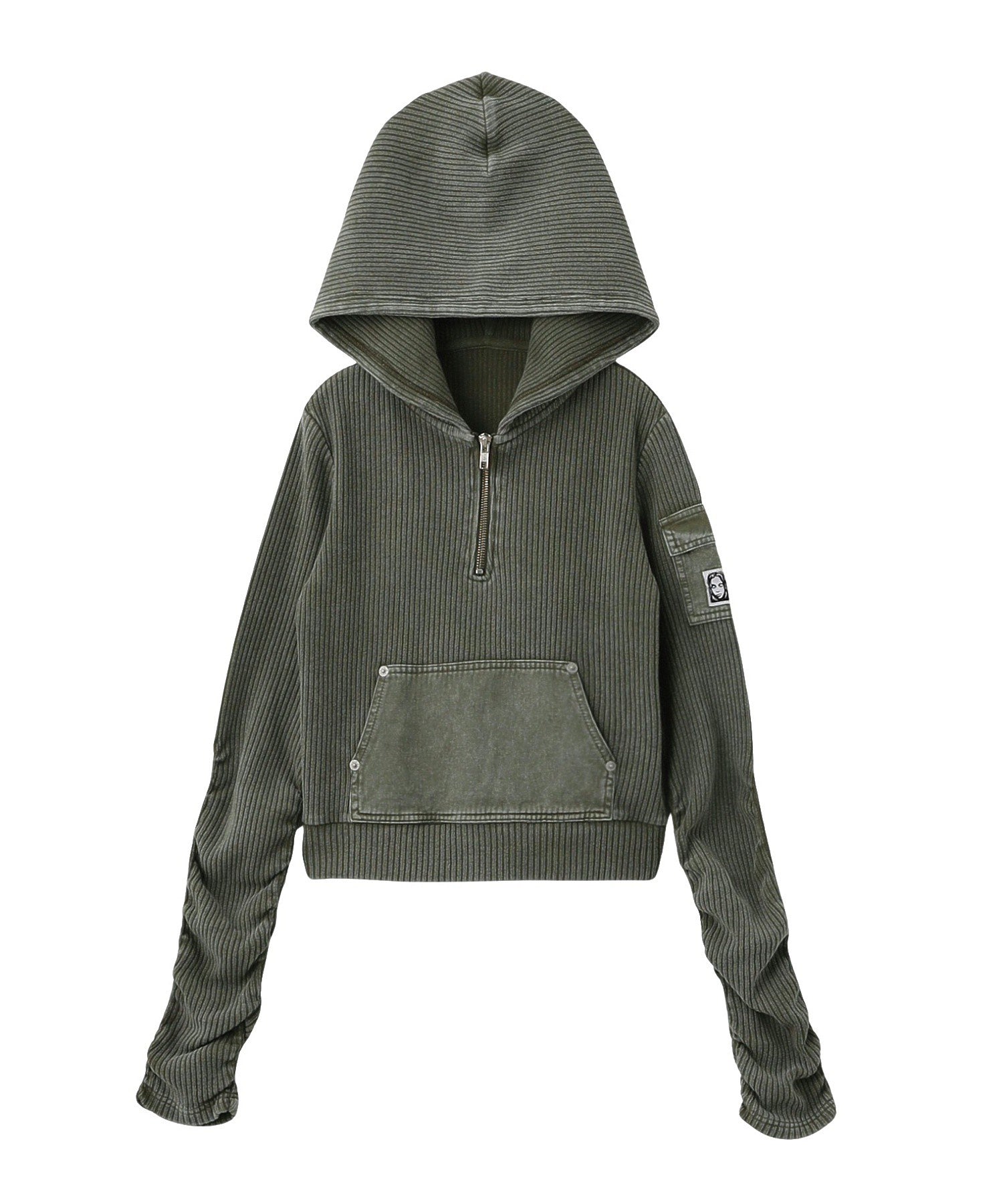 FADED WOVEN MIX HALF ZIP HOODED TOP
