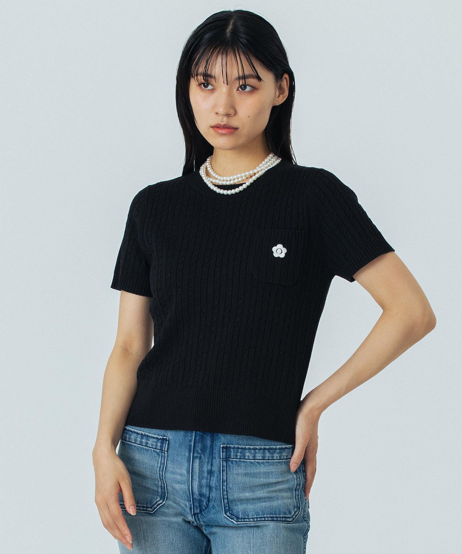 【レッドROSE BUD別注カラー】MARY QUANT/CABLE HALF SLEEVE KNIT