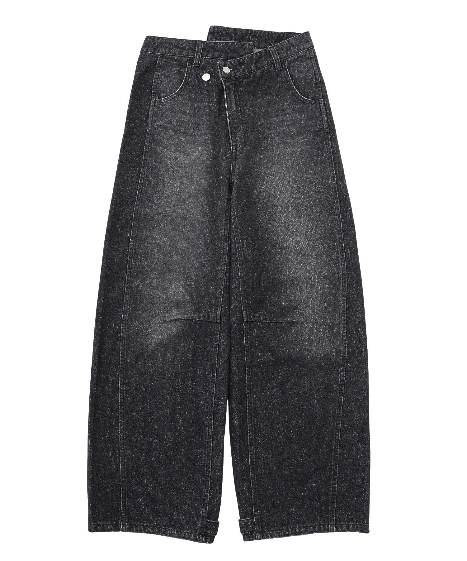 ASYMMETRIC WAIST BARREL LEG DENIM PANTS