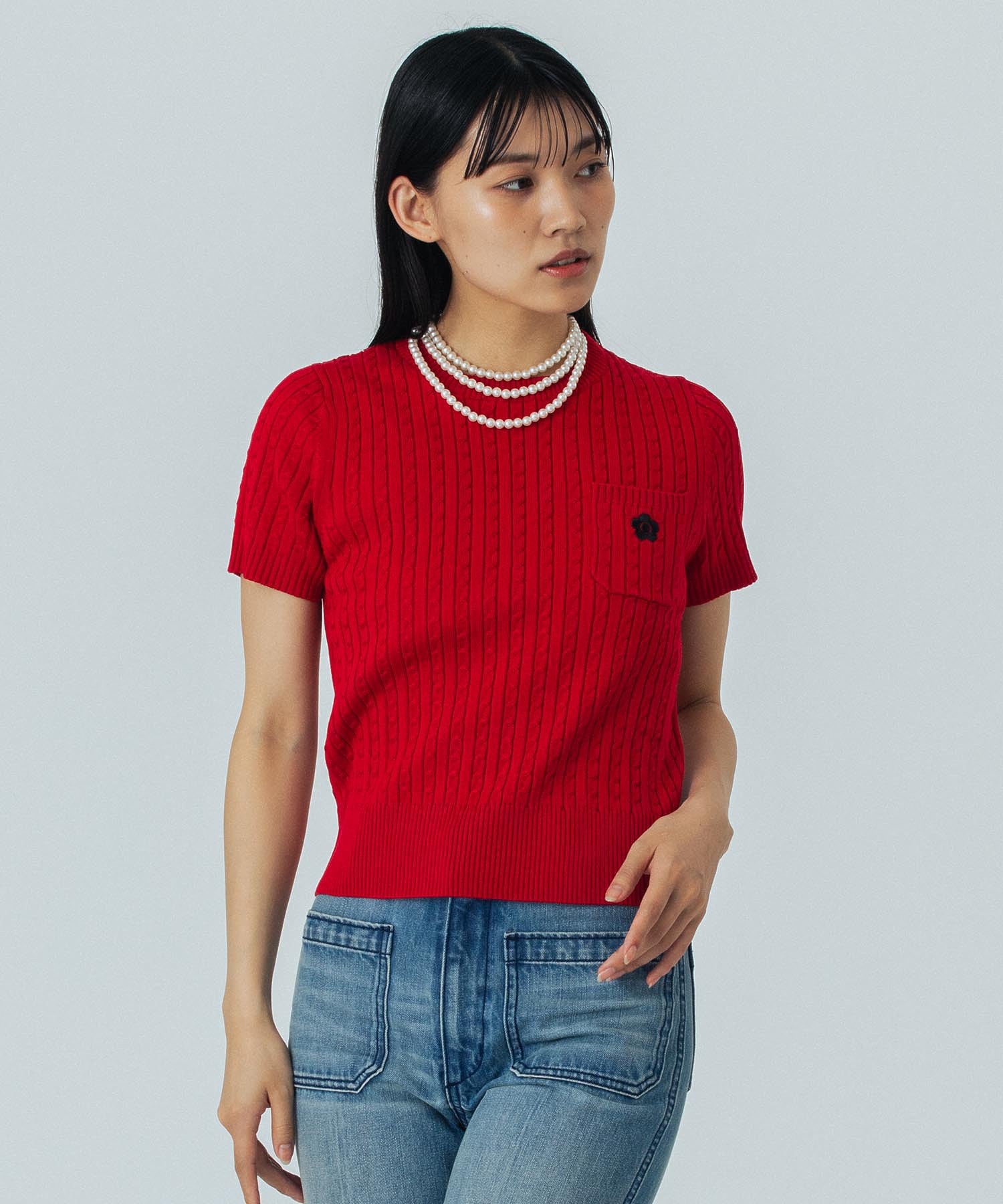 【レッドROSE BUD別注カラー】MARY QUANT/CABLE HALF SLEEVE KNIT