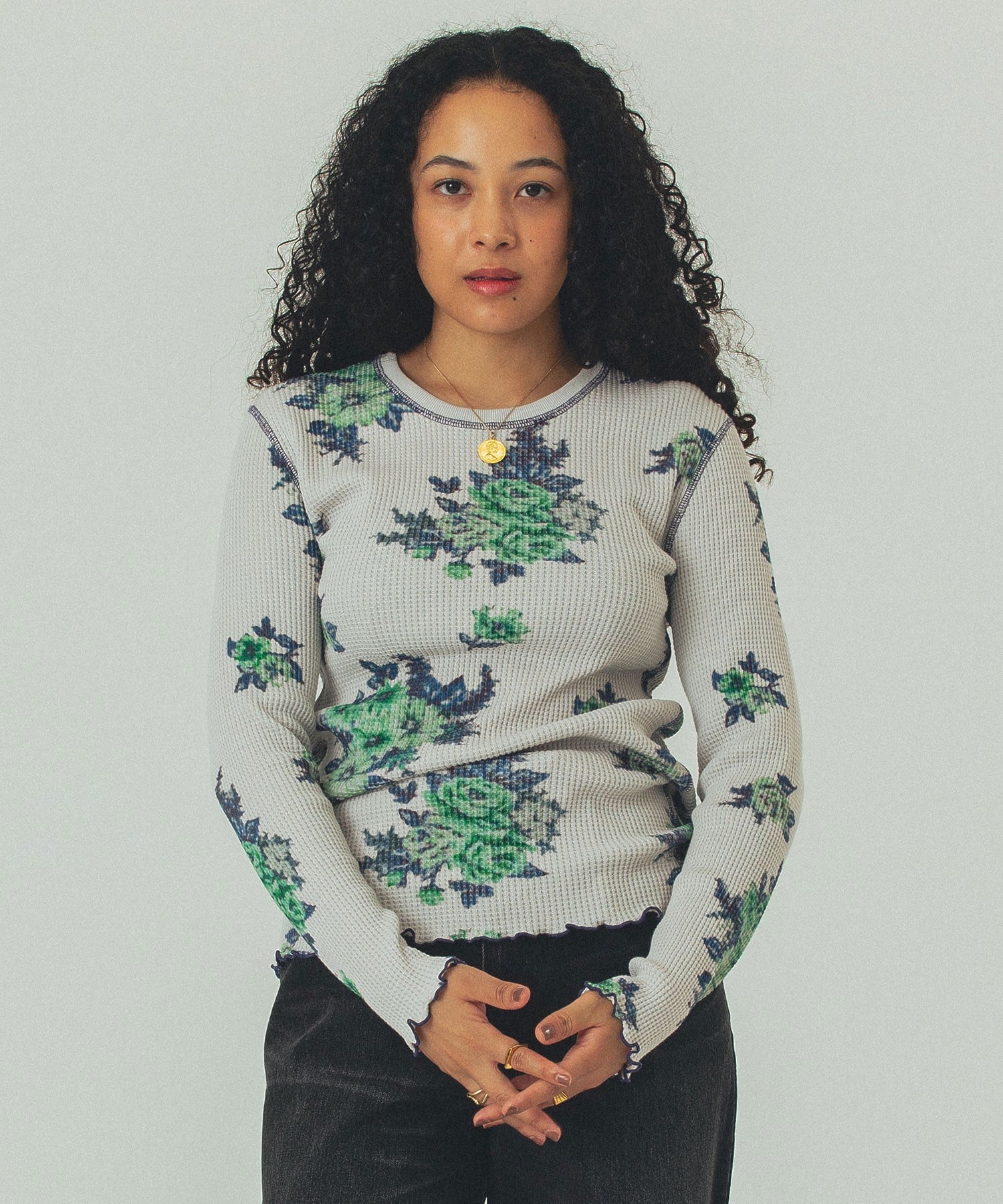 mag.by c/FLOWER PRINT WAFFLE TOP