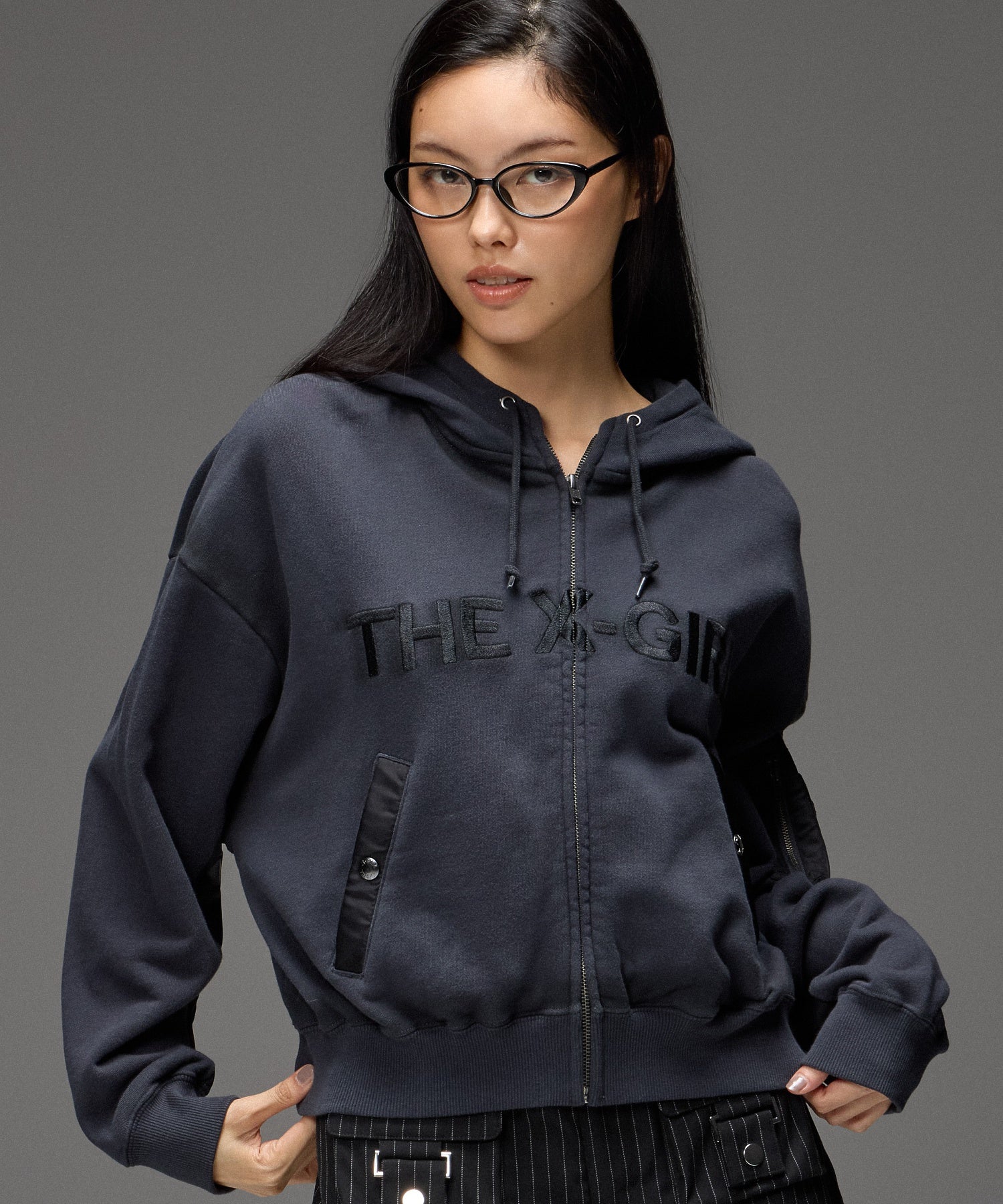 WOVEN MIX FUZZY LOGO ZIP UP SWEAT HOODIE