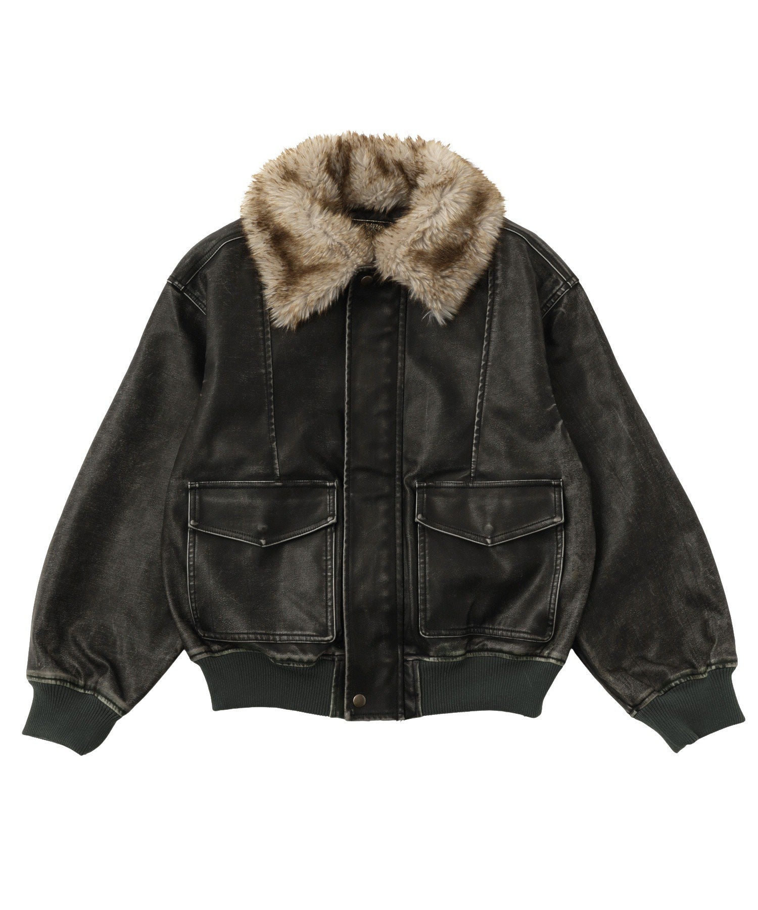 EMBOSSED LOGO PATCH DISTRESSED FAUX LEATHER JACKET