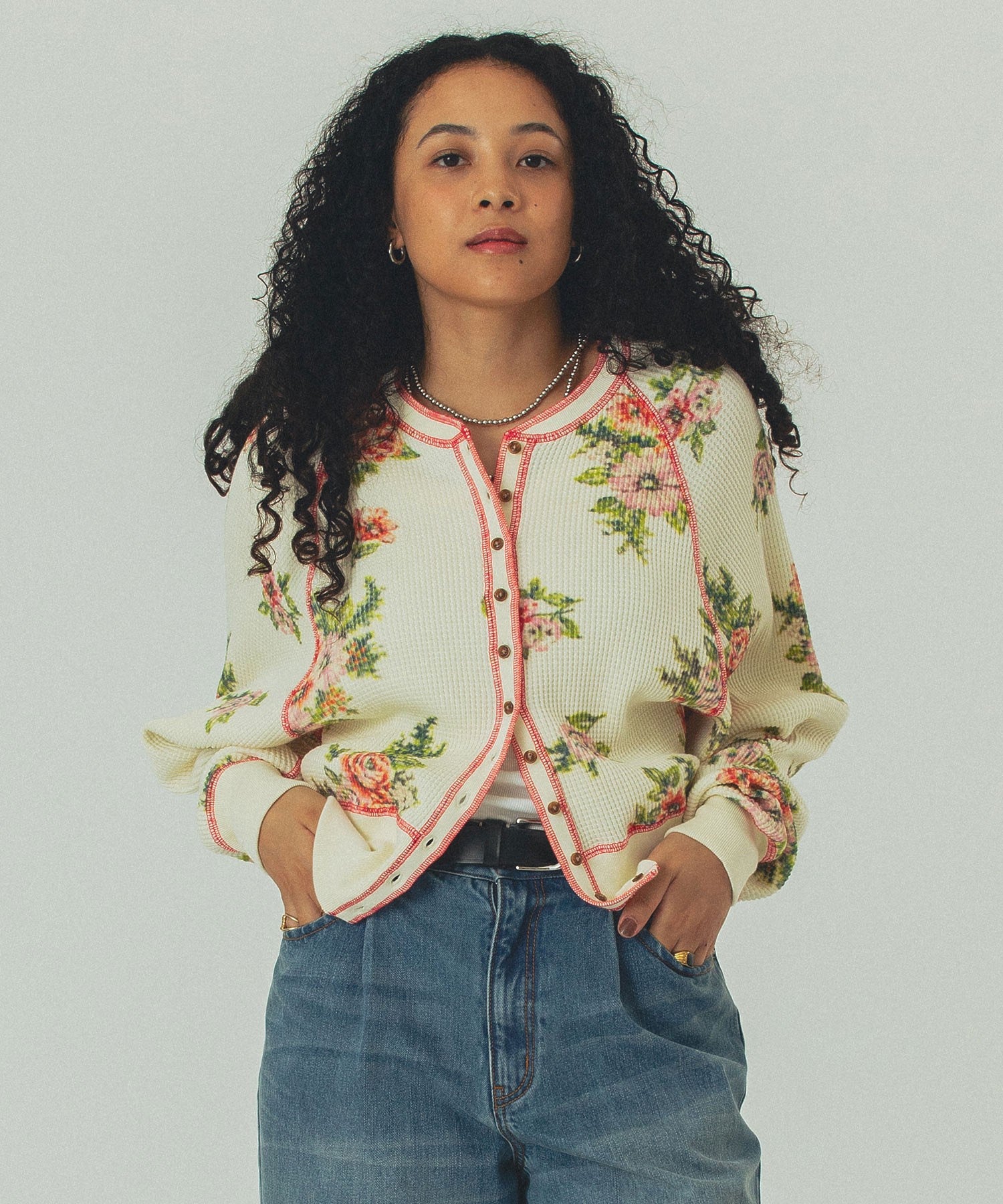 mag.by c/FLOWER PRINT WAFFLE CARDIGAN