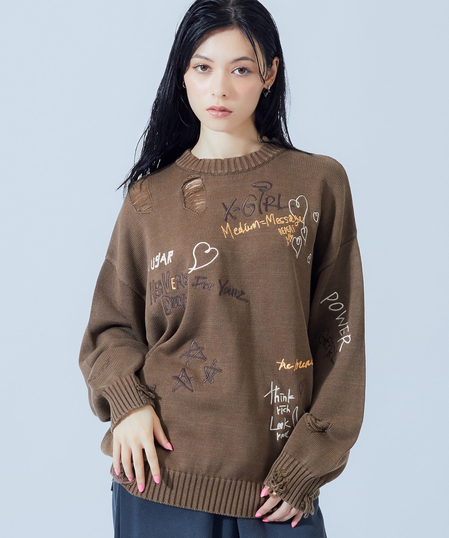 GRAFFITI LOGO DISTRESSED KNIT TOP