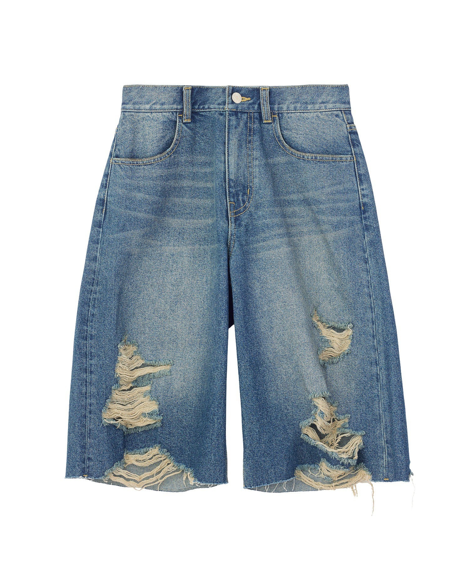 EMBLEM POCKET DISTRESSED DENIM SHORTS