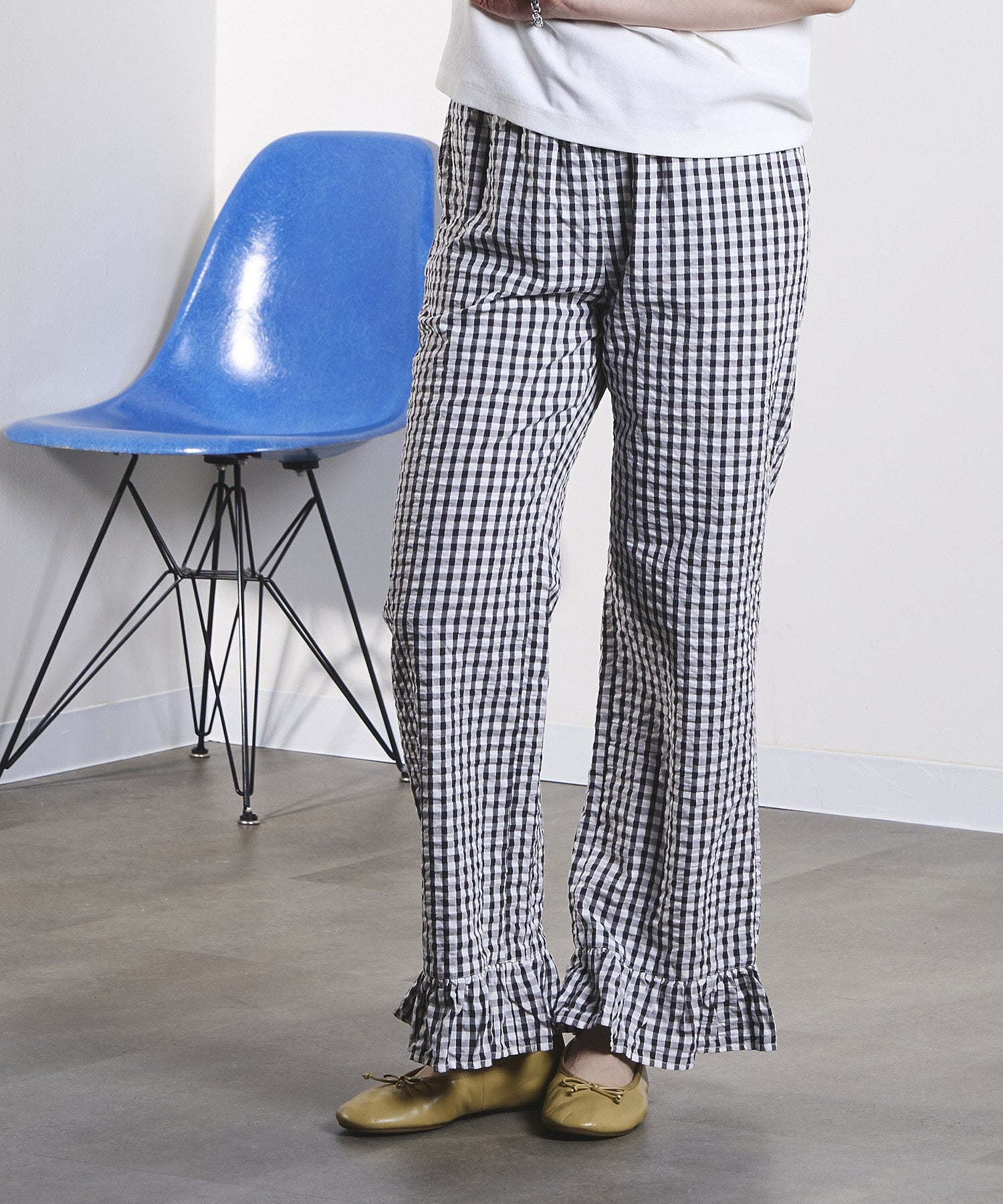GINGHAM FRILL HEM PANTS