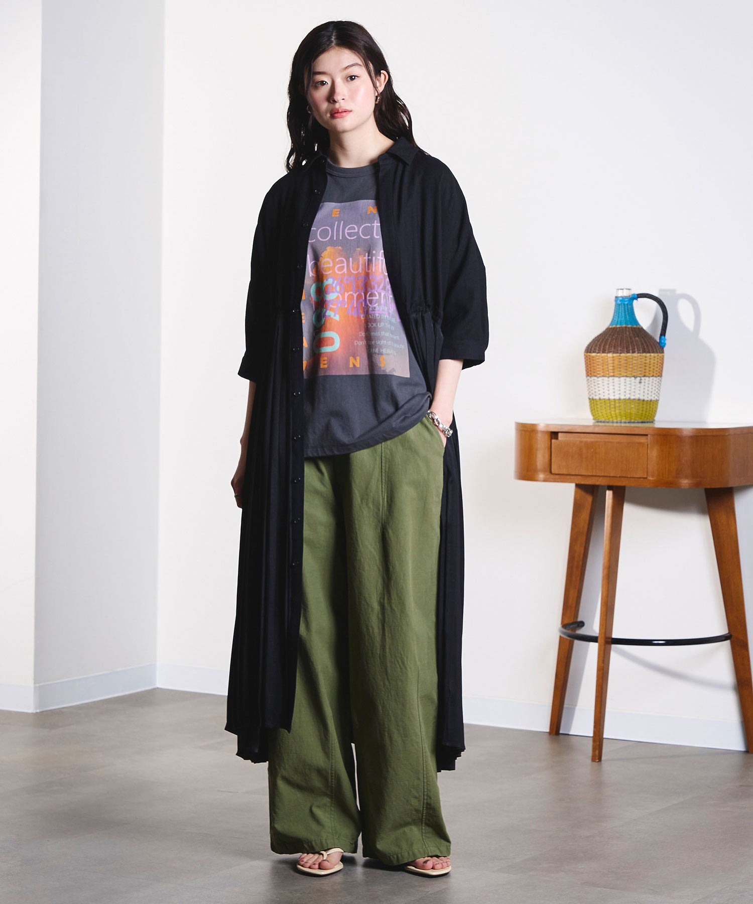 GENE HEAVENS/PLEATED SKIRT MIX FABRIC S/S SHIRT DRESS