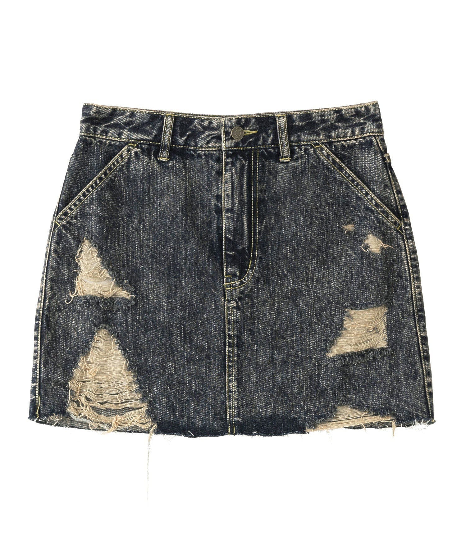 DISTRESSED DENIM MINI SKIRT