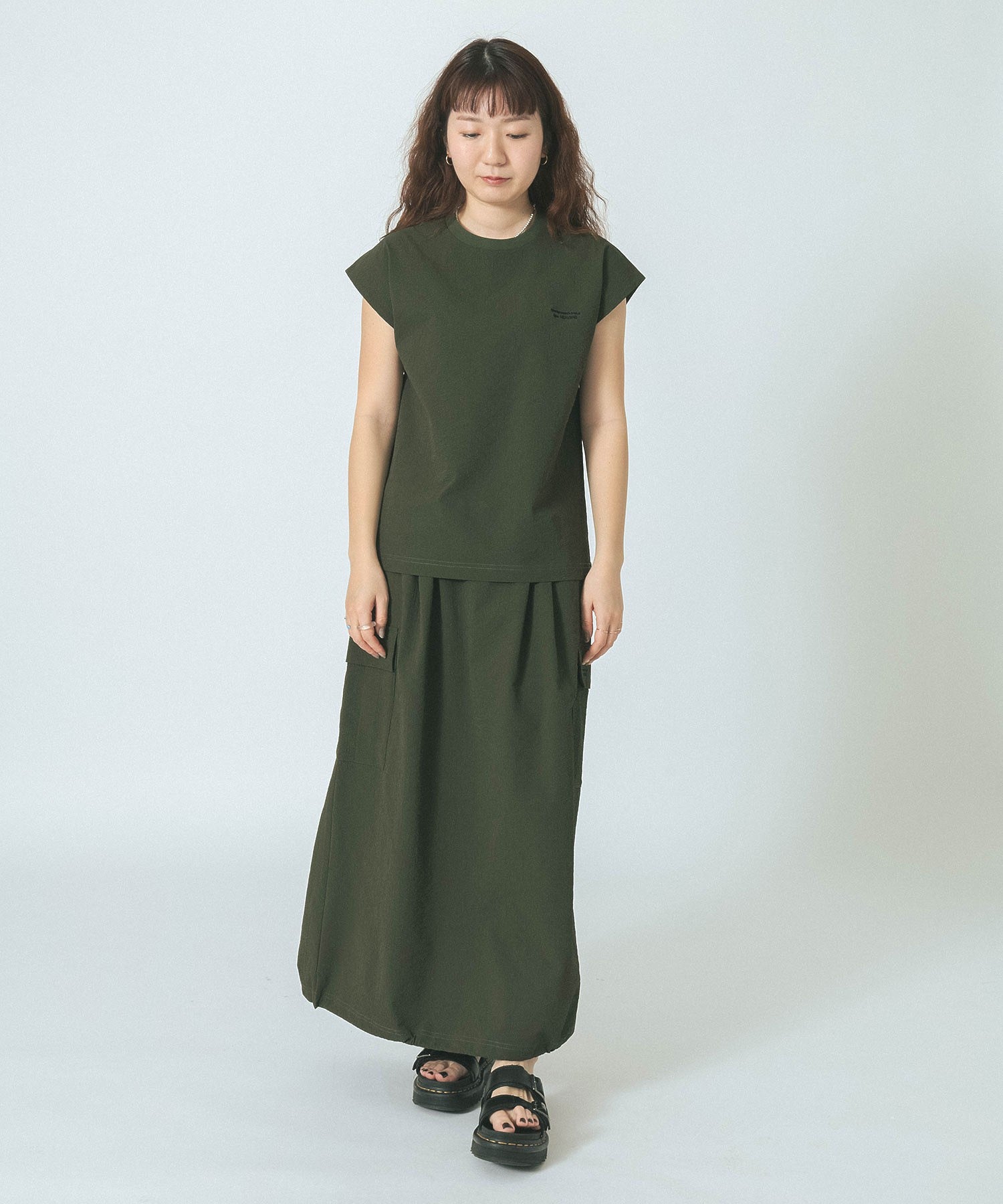 THOUSAND MILE×GENE HEAVENS/FRENCH SLEEVE TOP & MAXI CARGO SKIRT SET UP