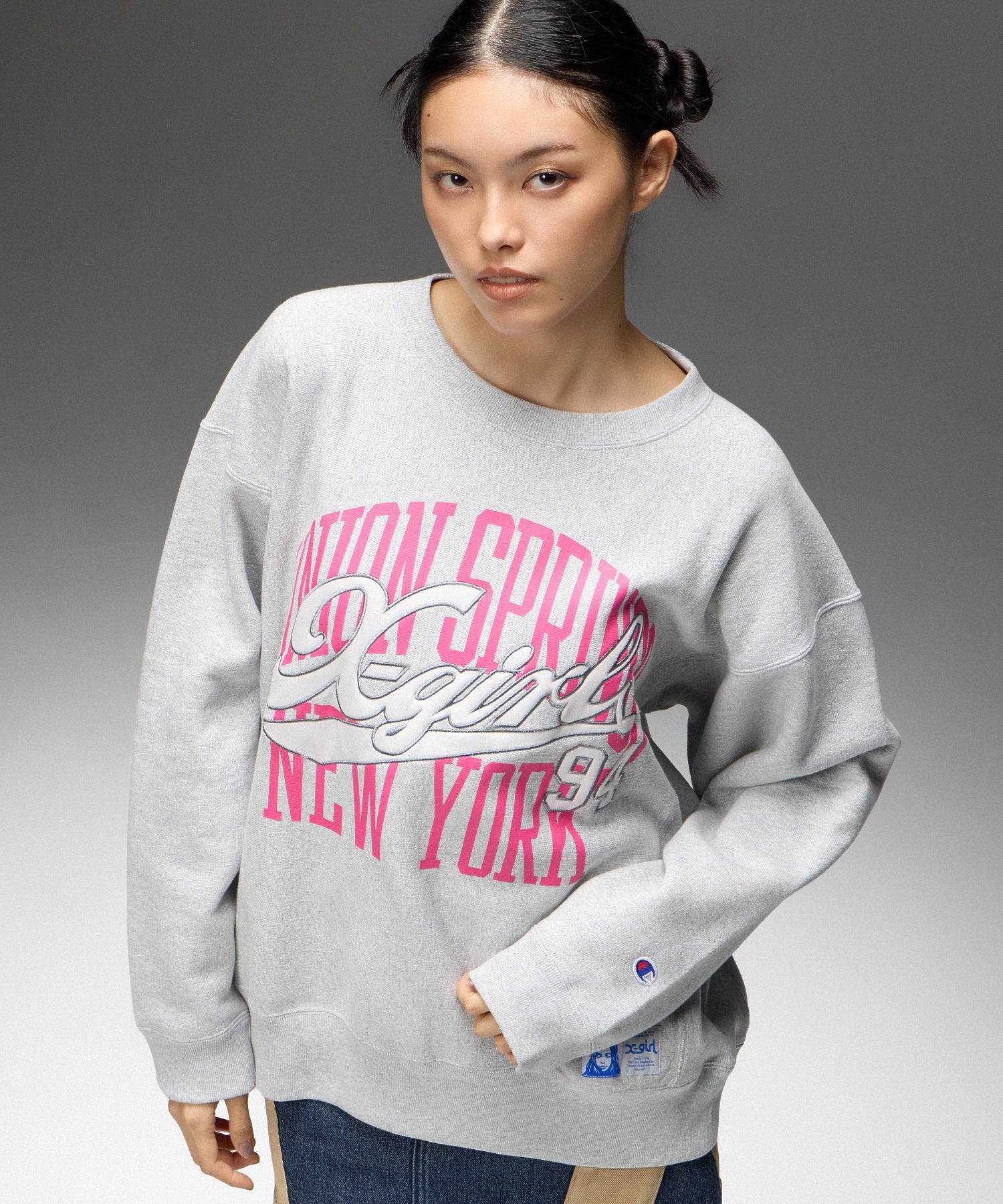 X-girl x Champion REVERSE WEAVE® PRINT AND PATCHED LOGO SWEATSHIRT