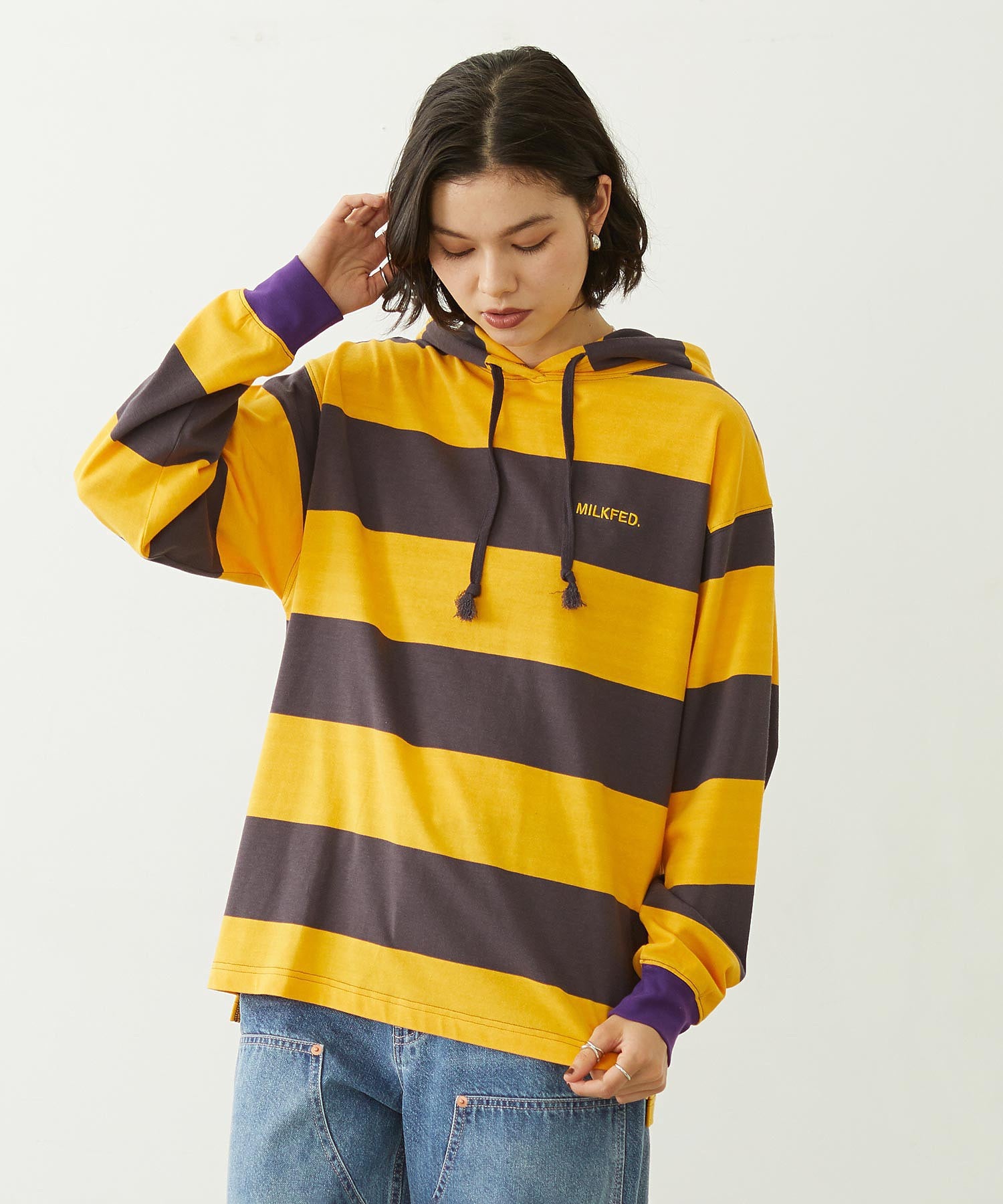 CONTRAST RIB STRIPED HOODED TOP