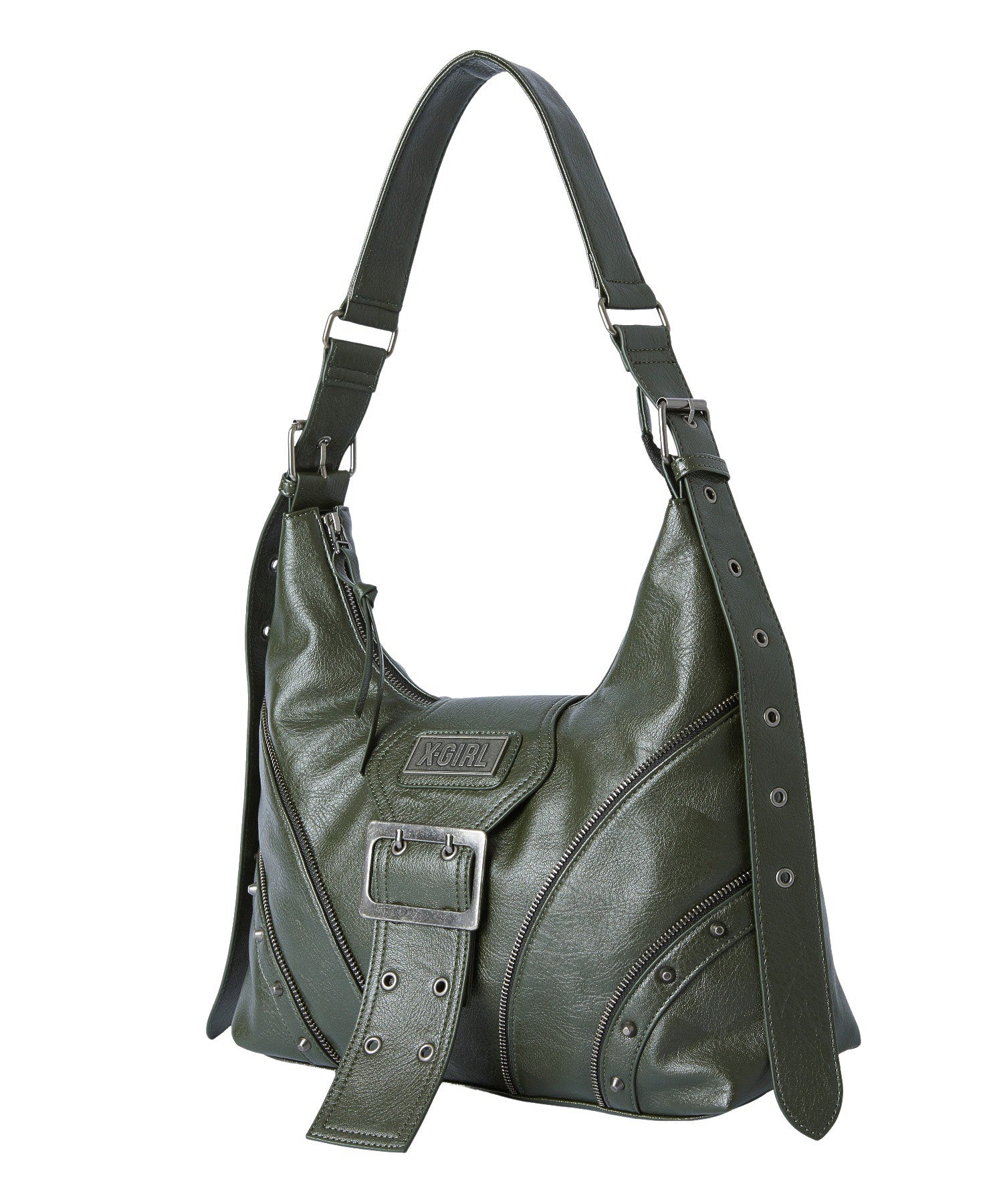 STUDDED PANELED FAUX LEATHER SHOULDER BAG