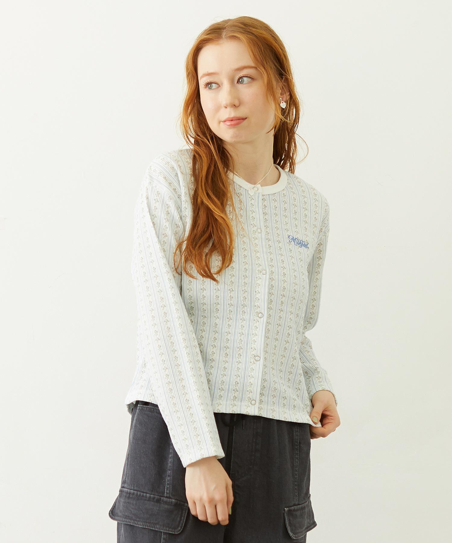 STRIPED FLOWER WAFFLE CARDIGAN