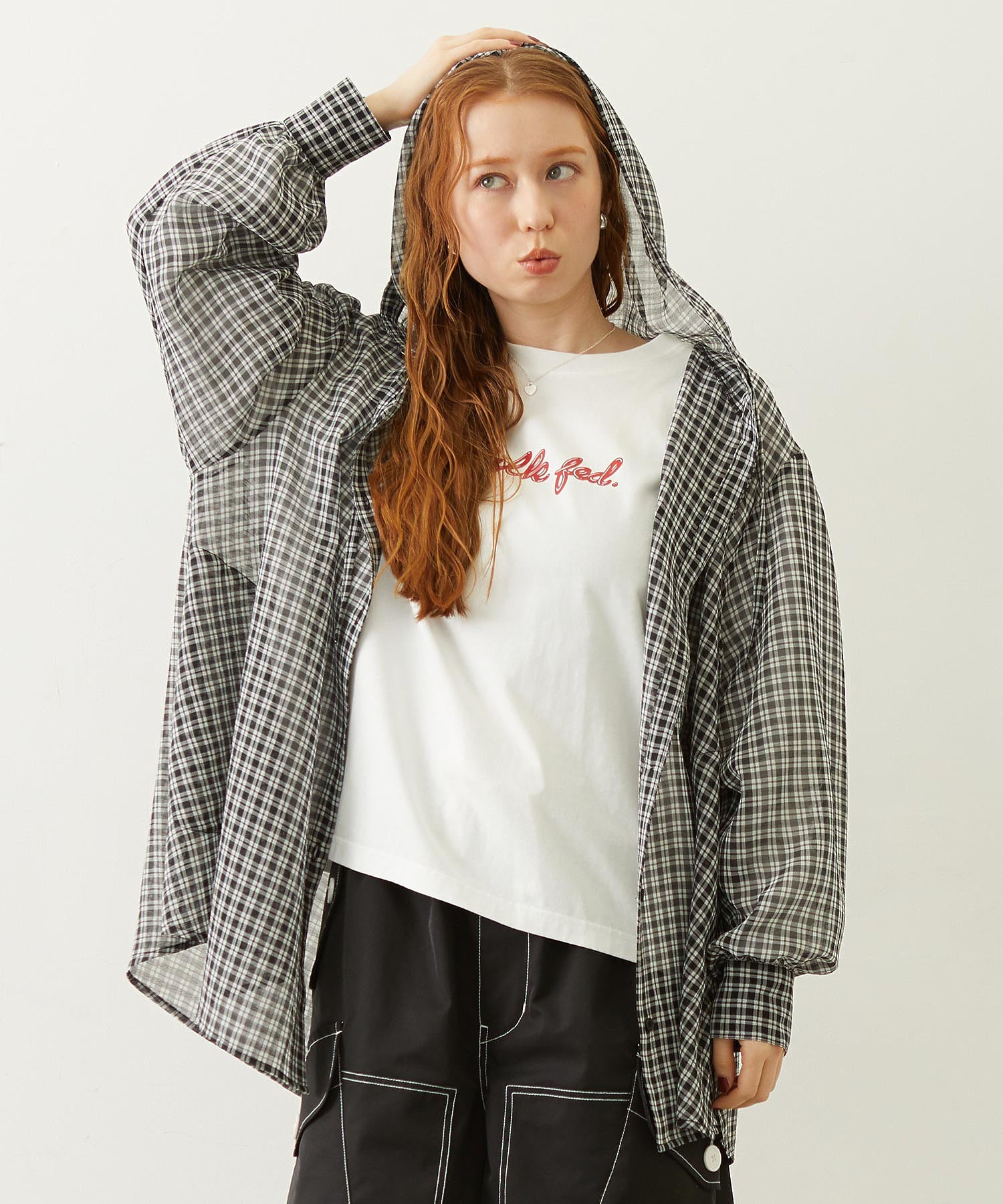 SHEER PLAID HOODED TOP